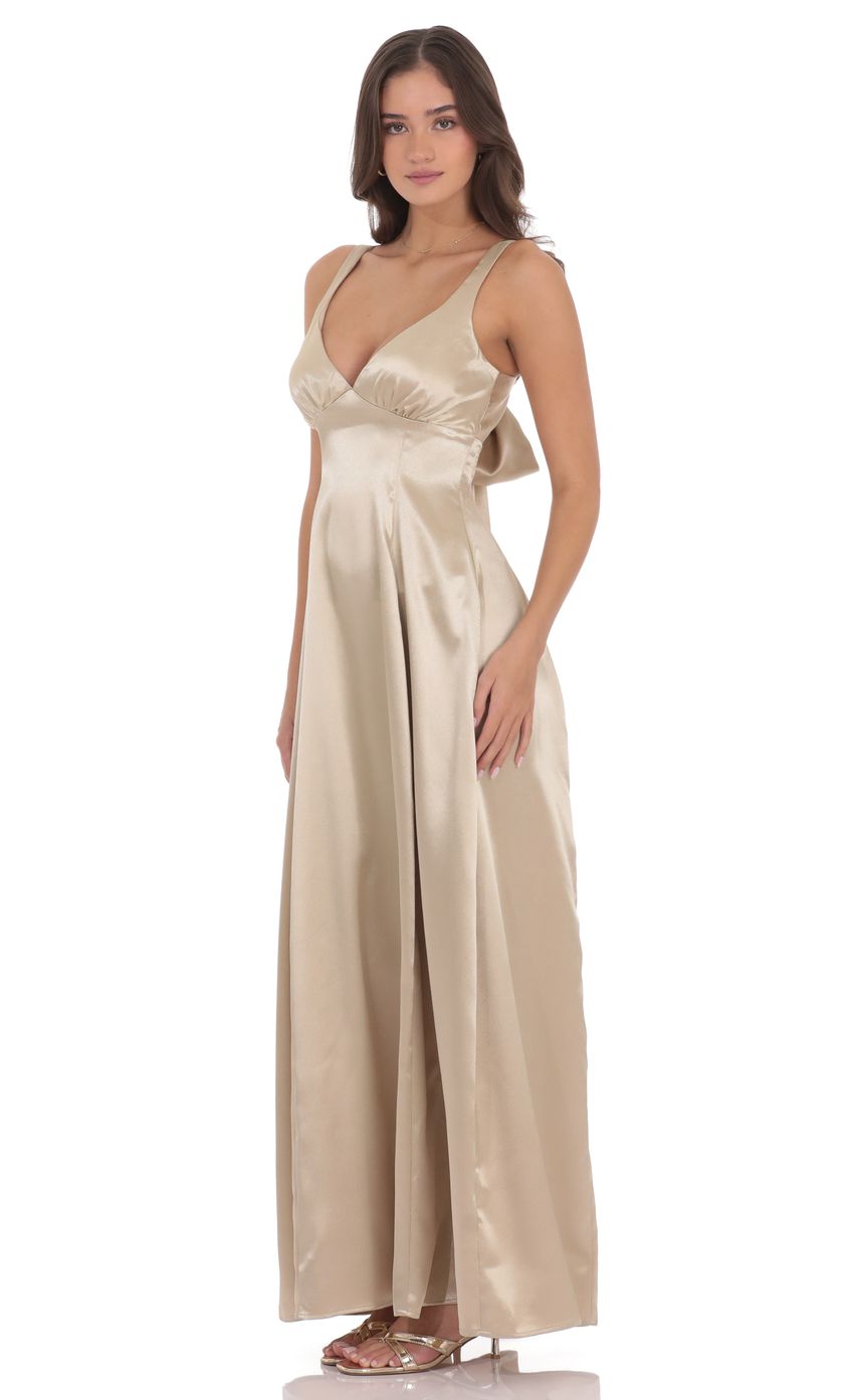 Product image for Satin V-Neck Fit and Flare Maxi Dress in Gold