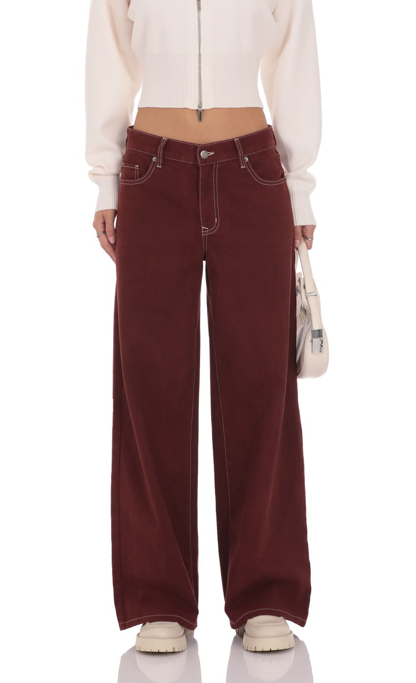 Product image for Mid Rise Wide Leg Jeans in Burgundy