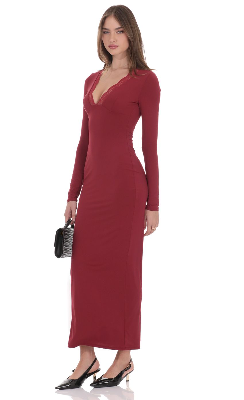 Product image for Long Sleeve Lace Trim Maxi Dress in Maroon