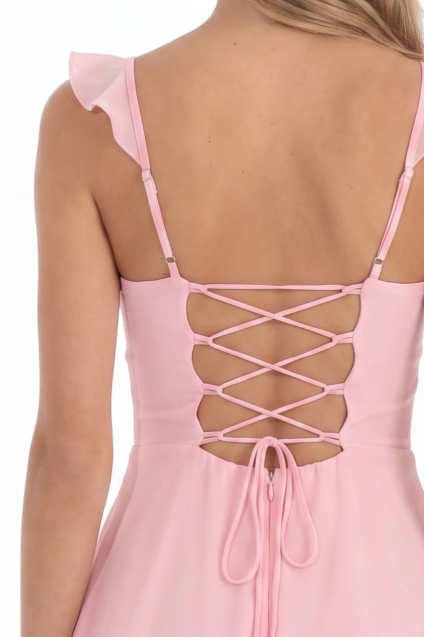 Product image for Ruched Ruffle Lace-Up Mini Dress in Pink