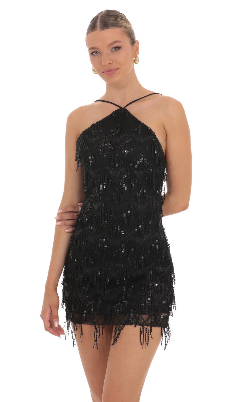 Product image for Fringe Sequin Open Back Dress in Black