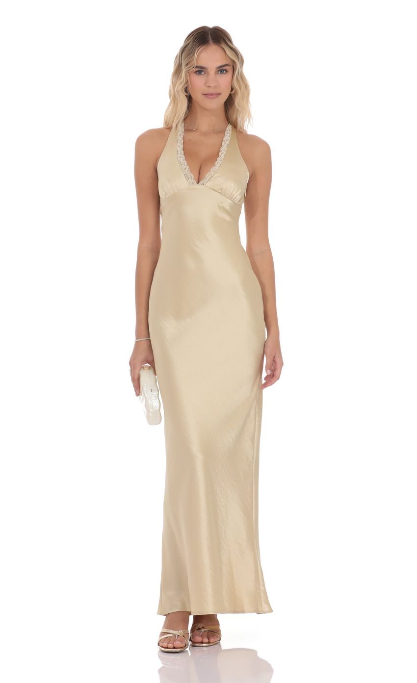 Product image for Satin Lace Trim Maxi Dress in Champagne