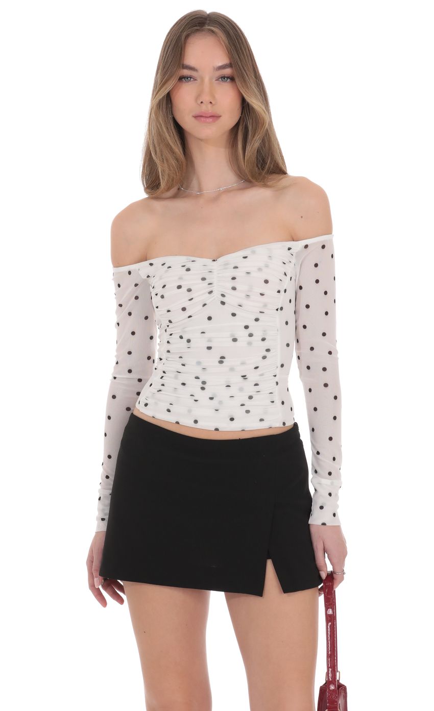 Product image for Polka Dot Off Shoulder Ruched Top in White