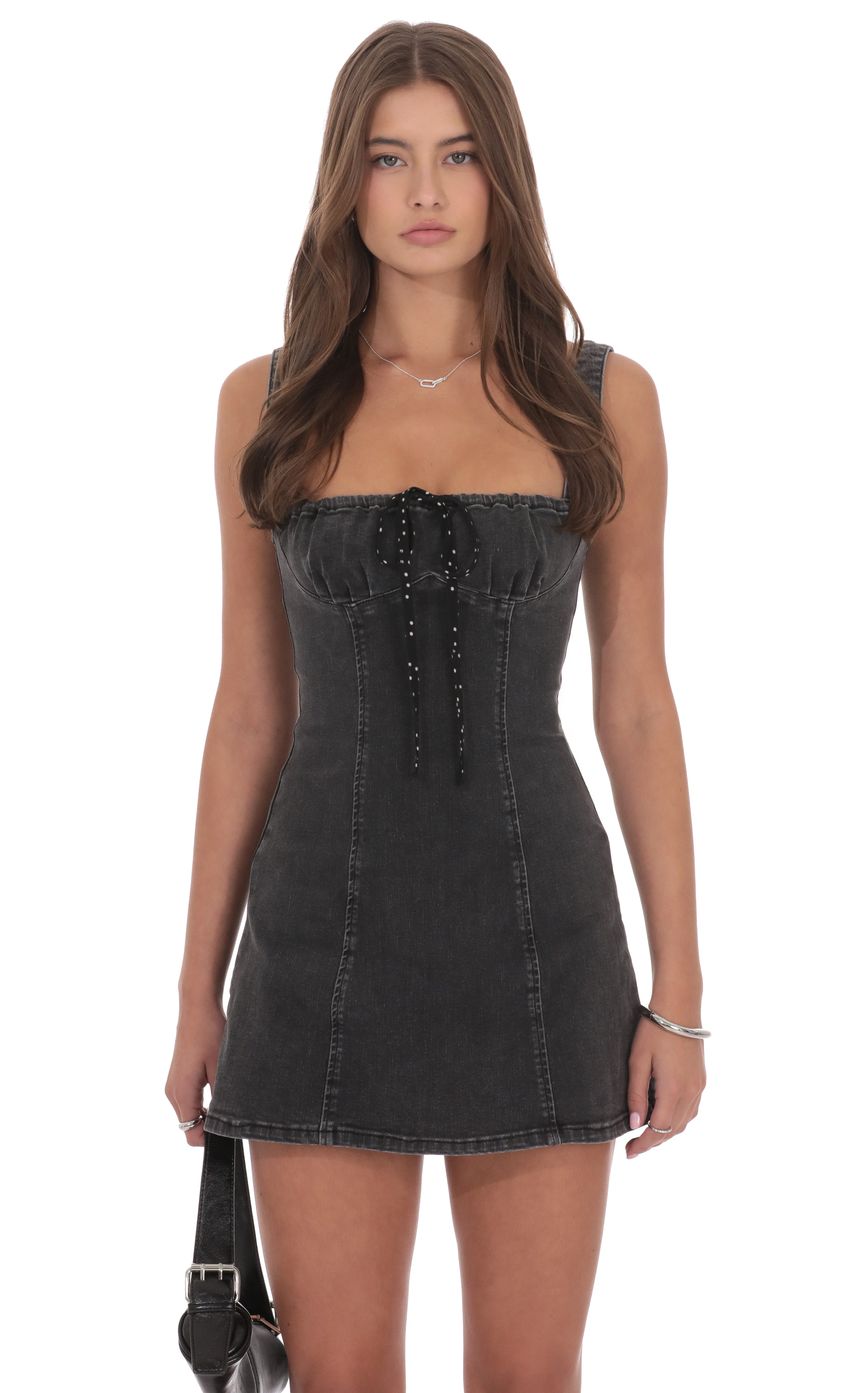 Product image for Denim Polka Dot Bow Dress in Washed Black
