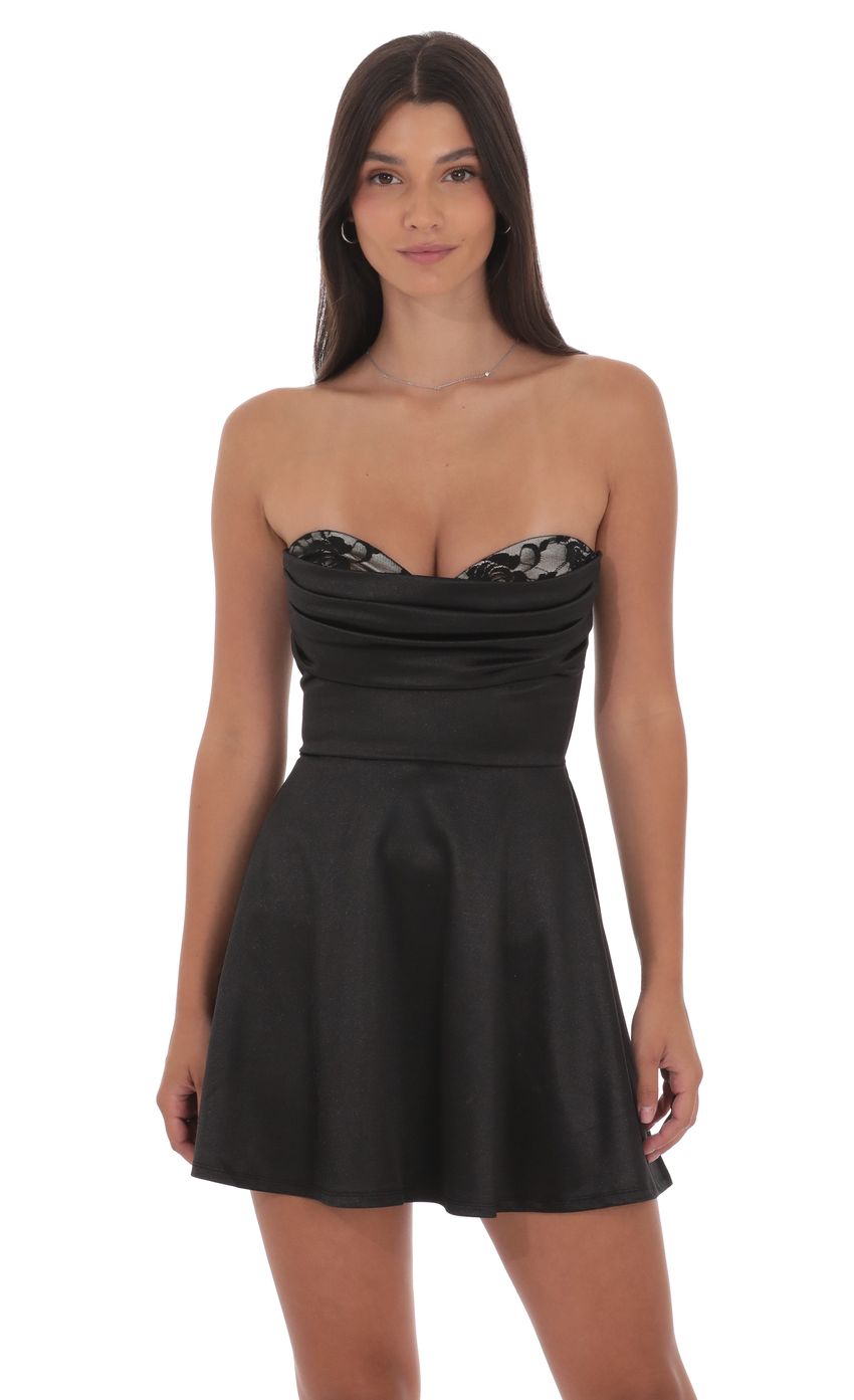 Product image for Satin Lace Bust Flare Dress in Black