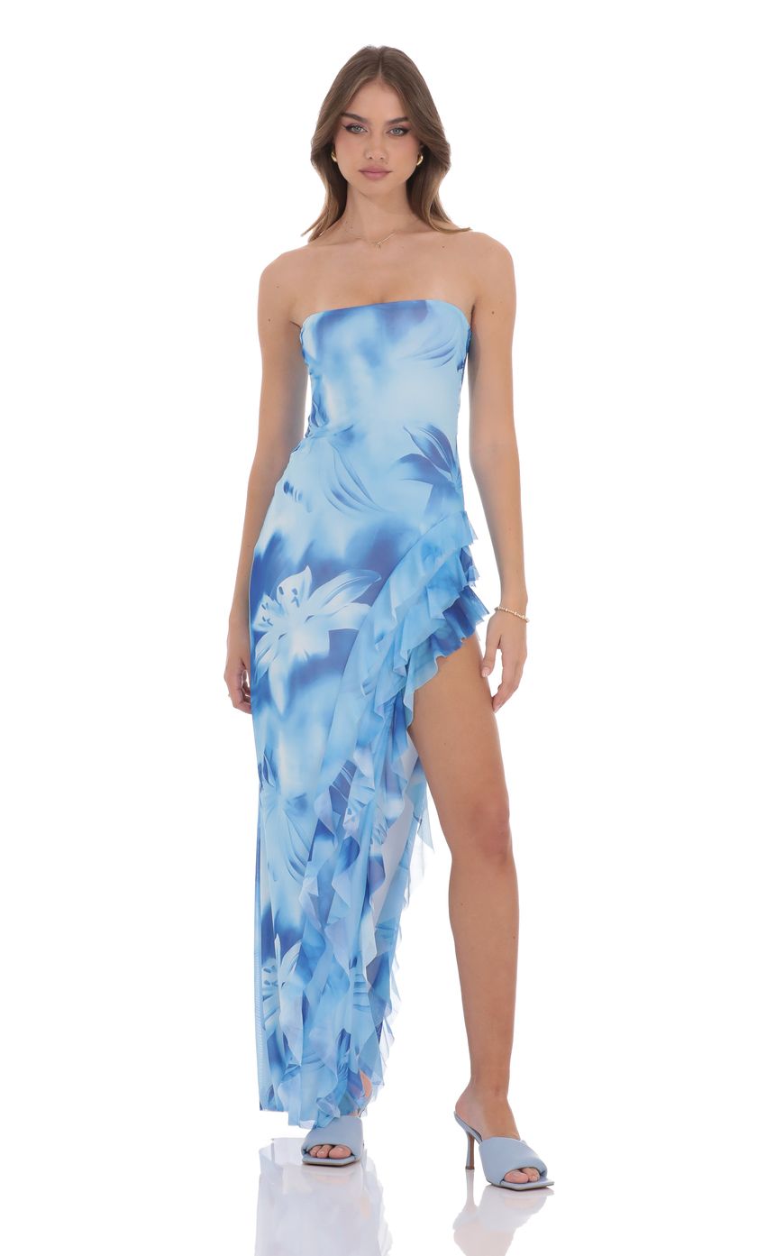 Picture Floral Mesh Strapless Triple Ruffle Maxi Dress in Blue. Source: https://media-img.lucyinthesky.com/data/product-media/850xAUTO/f5ba9a15-3fa0-4409-ab0a-39f14724b303.jpg