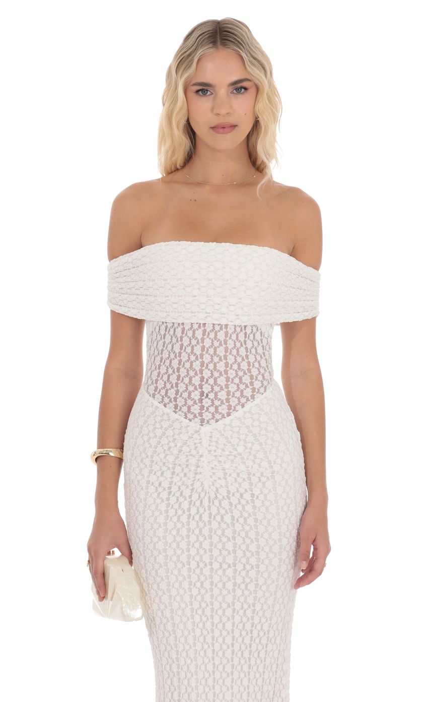Picture Off Shoulder Lace Bodycon Maxi Dress in White. Source: https://media-img.lucyinthesky.com/data/product-media/850xAUTO/f5d5294c-7b5f-49f3-828e-b217a987ee89.jpg