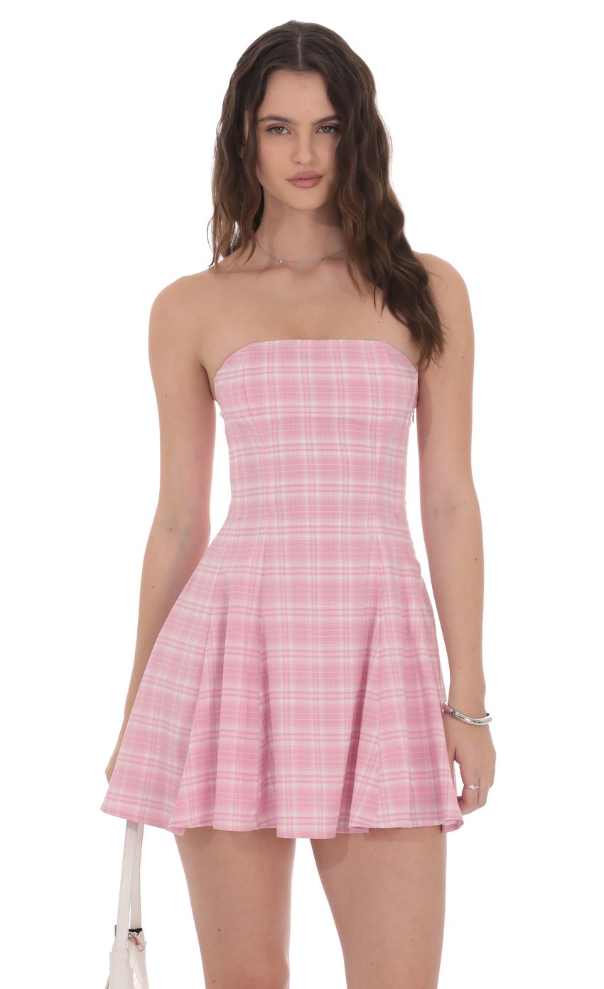 Product image for Plaid Corset Strapless Dress in Pink
