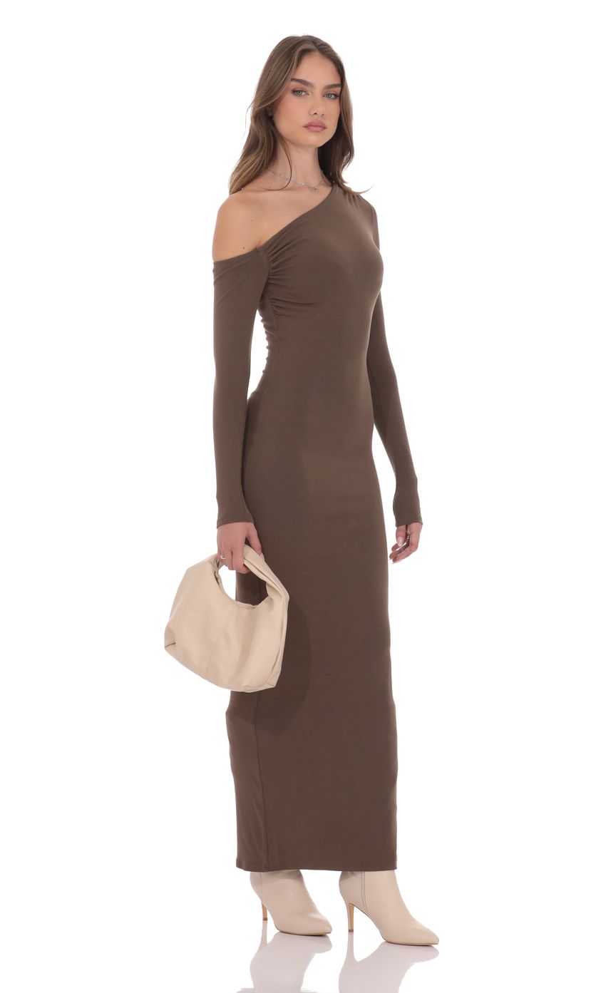 Product image for Off Shoulder Long Sleeve Maxi Dress in Brown