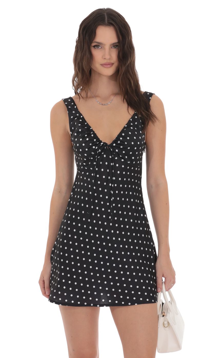 Product image for Satin Polka Dot V-Neck Dress in Black