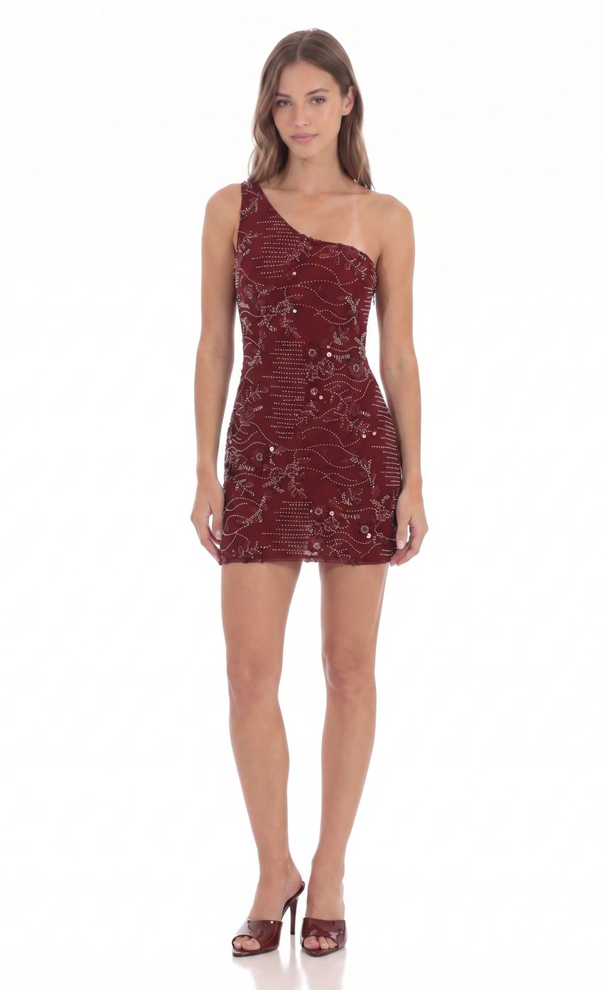 Product image for Floral One-Shoulder Mini Dress in Burgundy