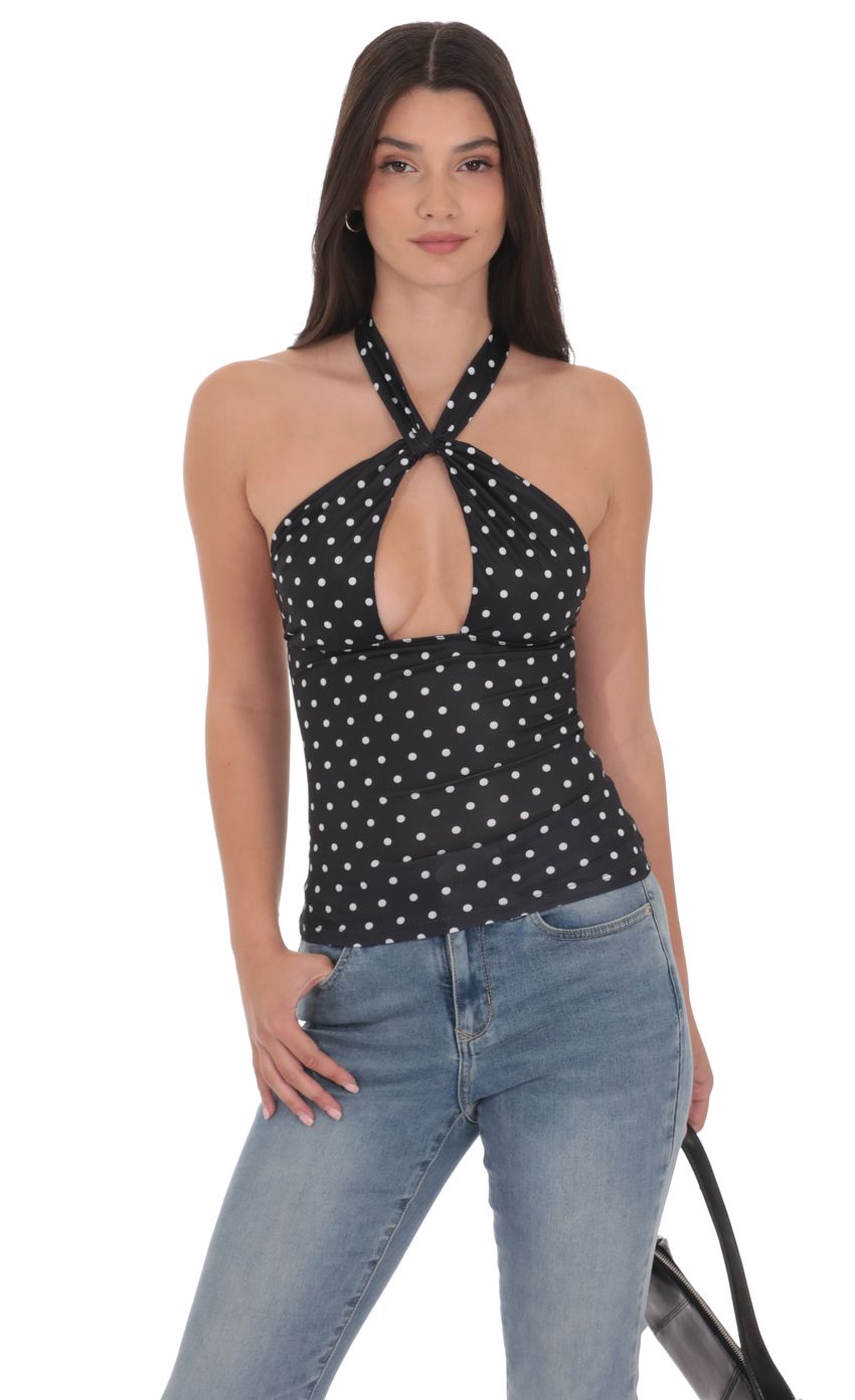 Product image for Polka Dot Cross Neck Halter Top in Black