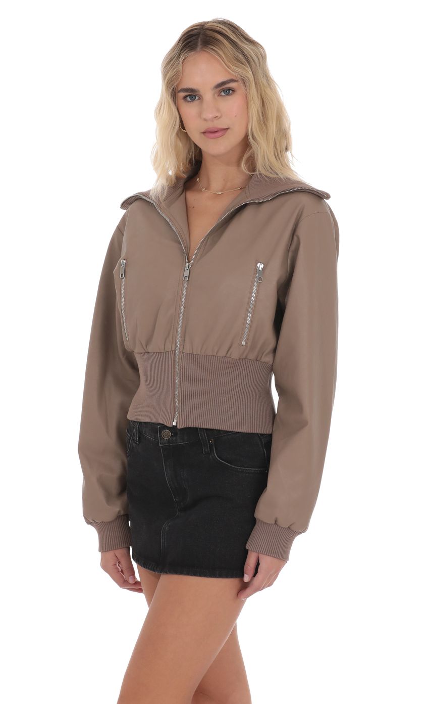Product image for Cinched Faux Leather Bomber Jacket in Light Brown