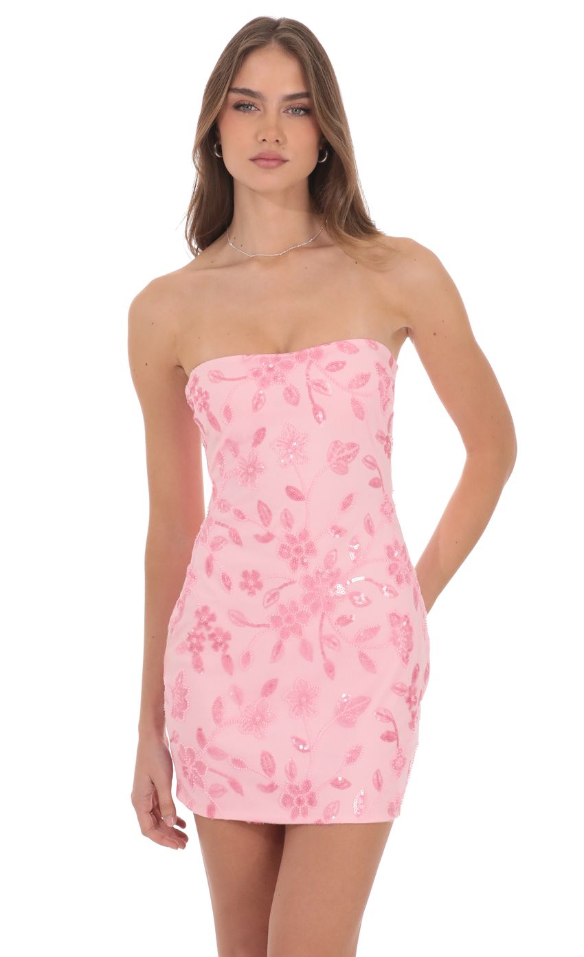Product image for Strapless Sequin Floral Dress in Pink