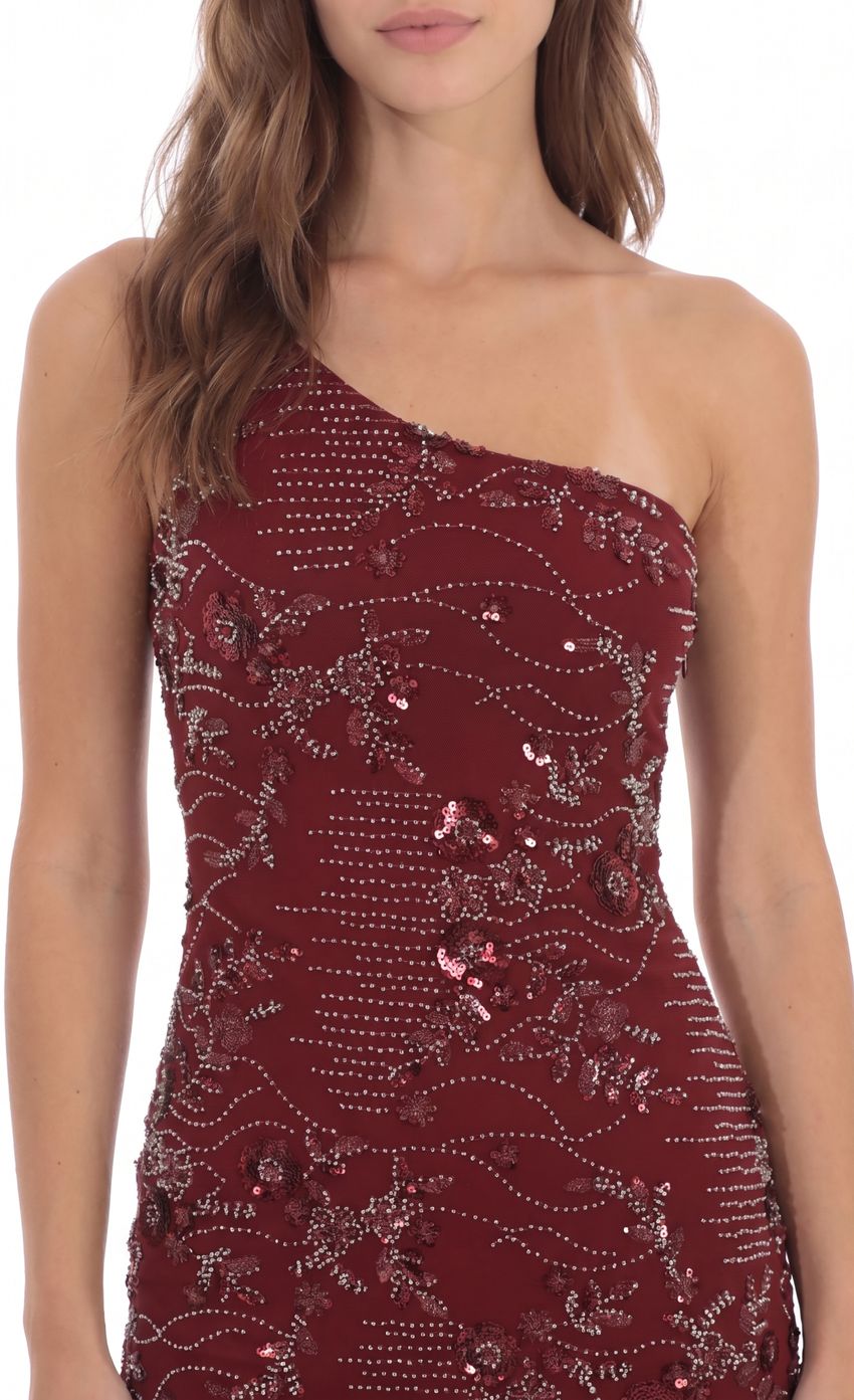 Product image for Floral One-Shoulder Mini Dress in Burgundy