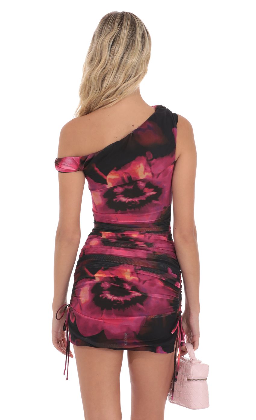 Picture Floral Off Shoulder Ruched Bodycon Dress in Pink and Black. Source: https://media-img.lucyinthesky.com/data/product-media/850xAUTO/f8a41256-1cf0-424d-8e0b-a342cc7aa1af.jpg