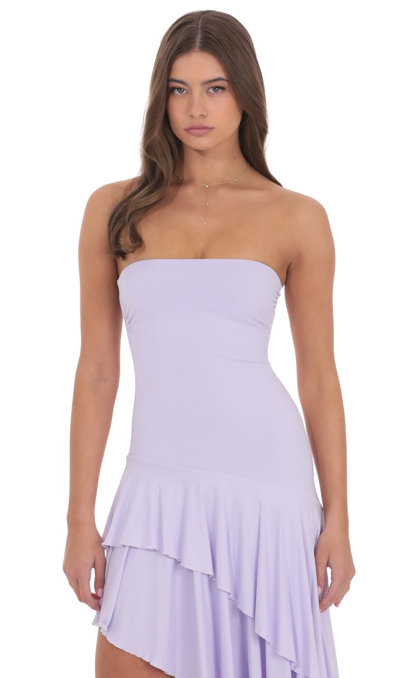 Product image for Strapless Ruffle Asymmetrical Maxi Dress in Lavender