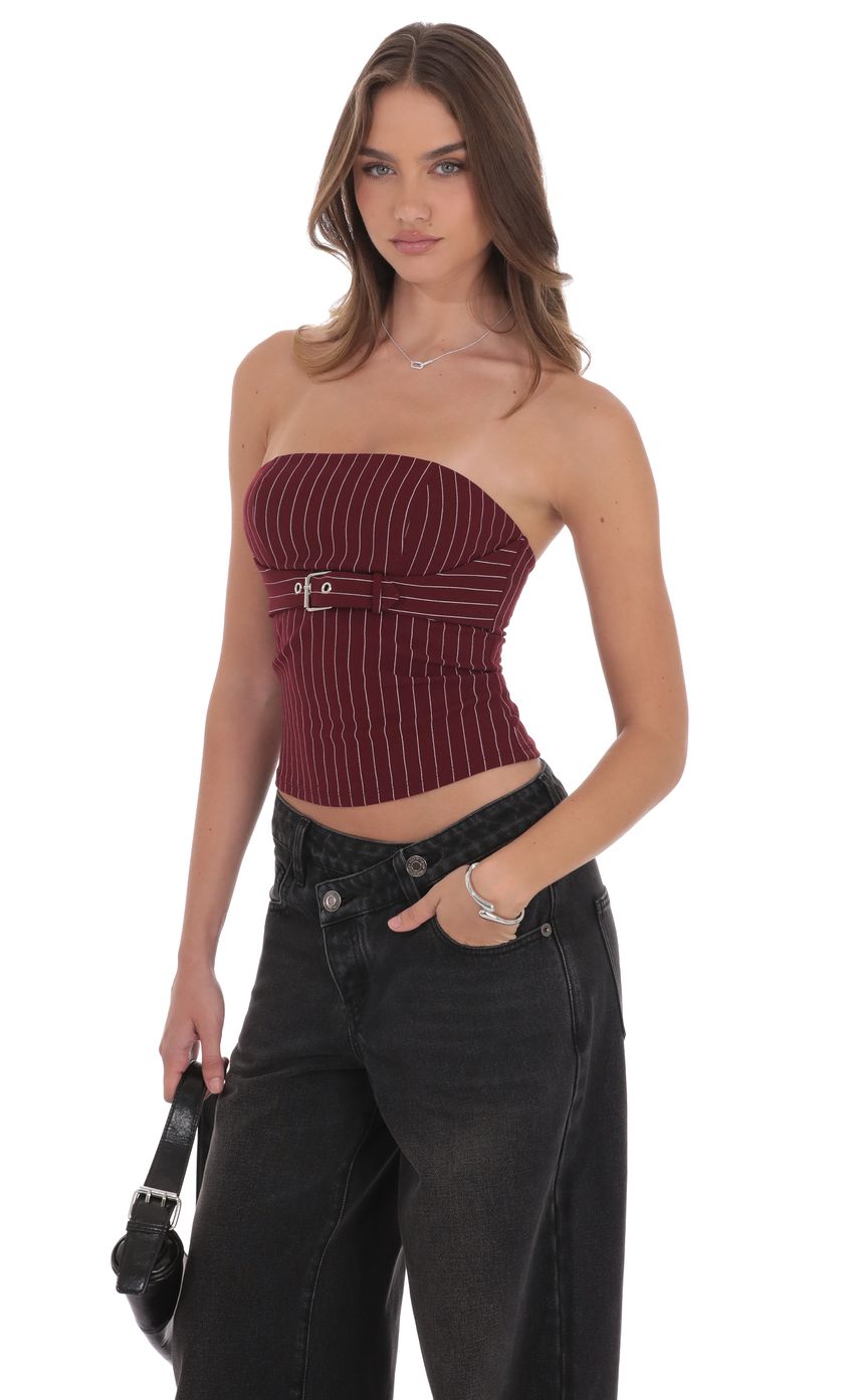 Product image for Pinstripe Strapless Buckle Top in Burgundy