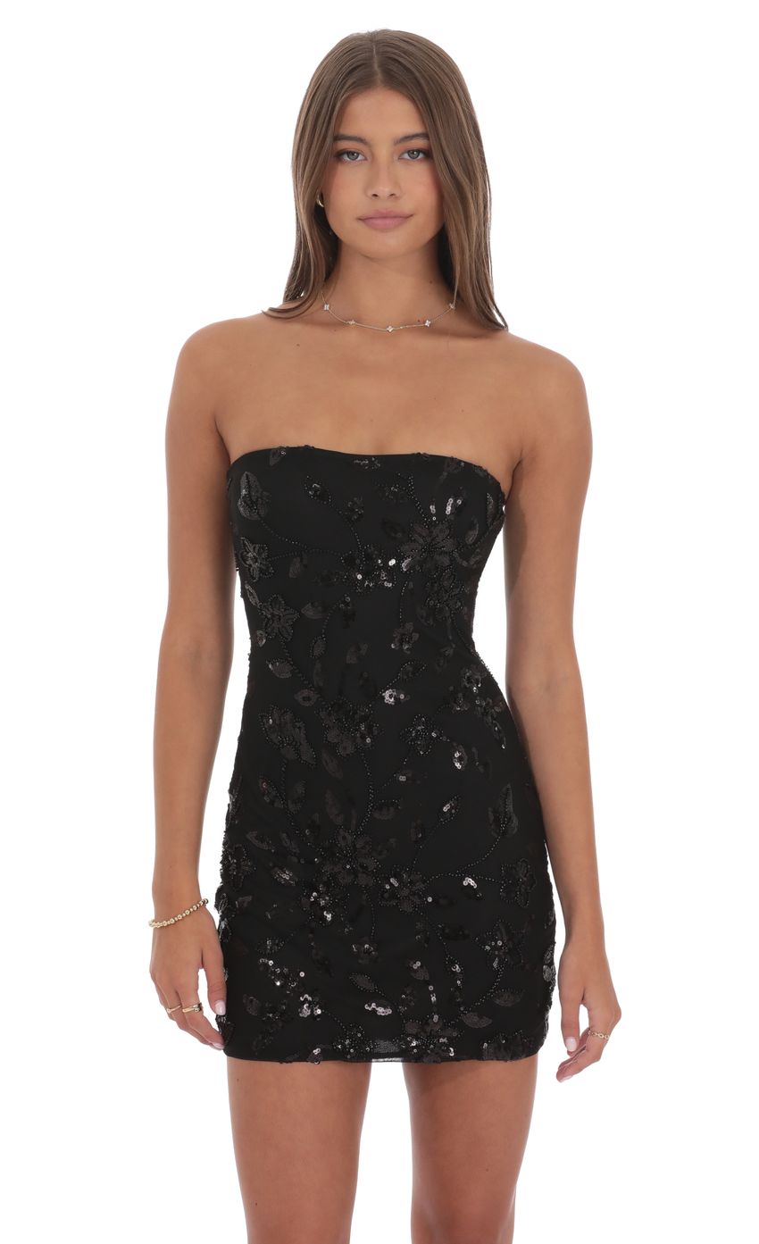 Product image for Strapless Sequin Floral Bodycon Dress in Black