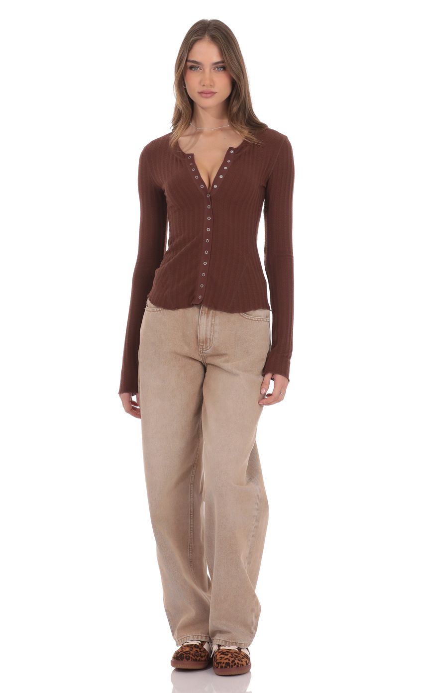 Product image for Textured Ribbed Button Top in Brown