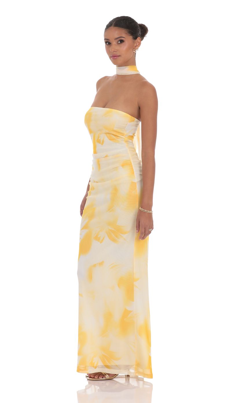 Picture Scarf Mesh Floral Strapless Maxi Dress in Yellow. Source: https://media-img.lucyinthesky.com/data/product-media/850xAUTO/fa0dd33a-8d13-4274-bfa4-3674d1689ec7.jpg