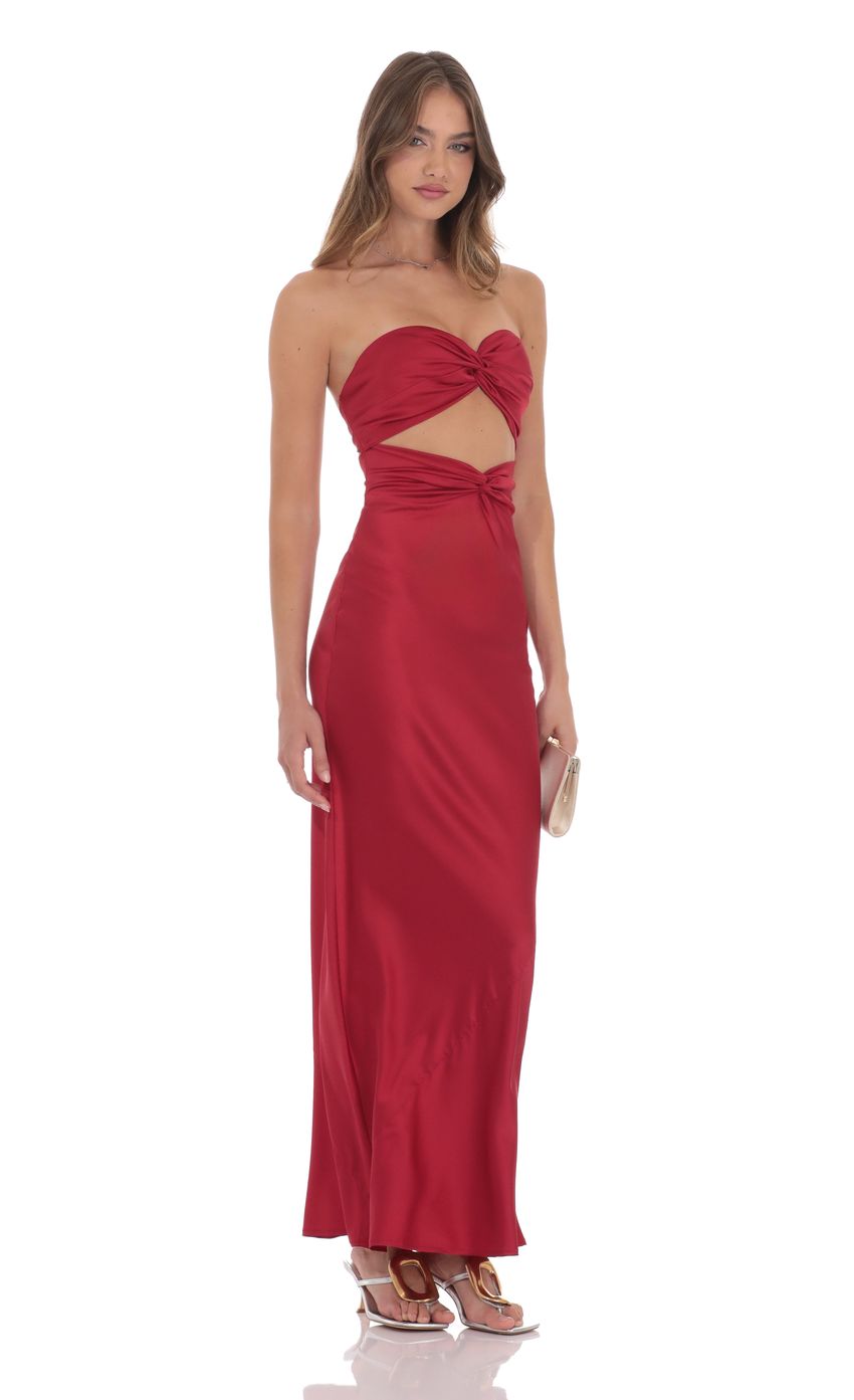 Picture Satin Twist Cutout Maxi Dress in Red. Source: https://media-img.lucyinthesky.com/data/product-media/850xAUTO/fa3d5c4f-5486-43d4-bad0-1b94cc43780a.jpg