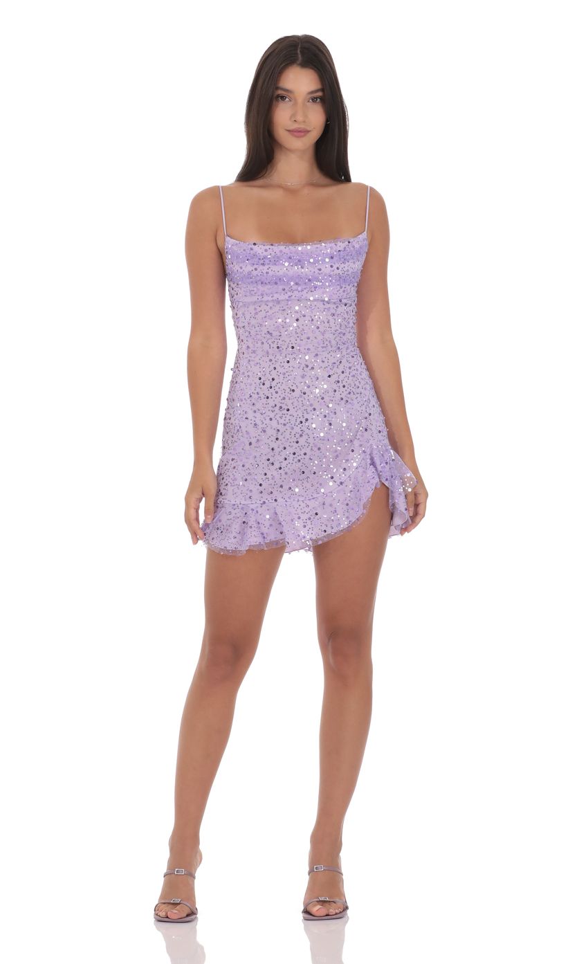 Product image for Sequin Beaded Ruffled Slit Dress in Lavender