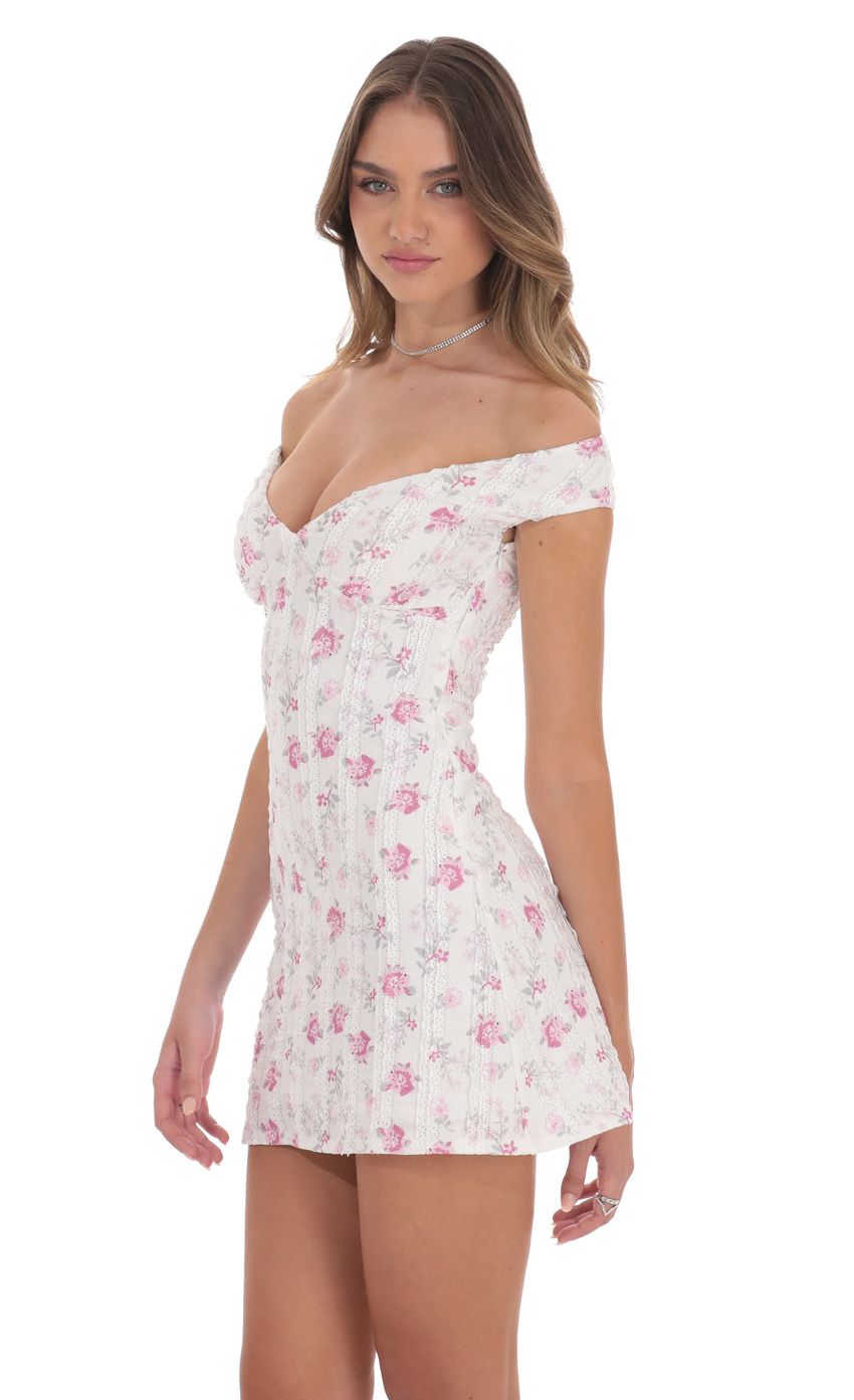 Picture Off Shoulder Lace Floral Dress in White. Source: https://media-img.lucyinthesky.com/data/product-media/850xAUTO/fa7756b2-c85b-4865-ac7e-3b4feb11dc3f.jpg