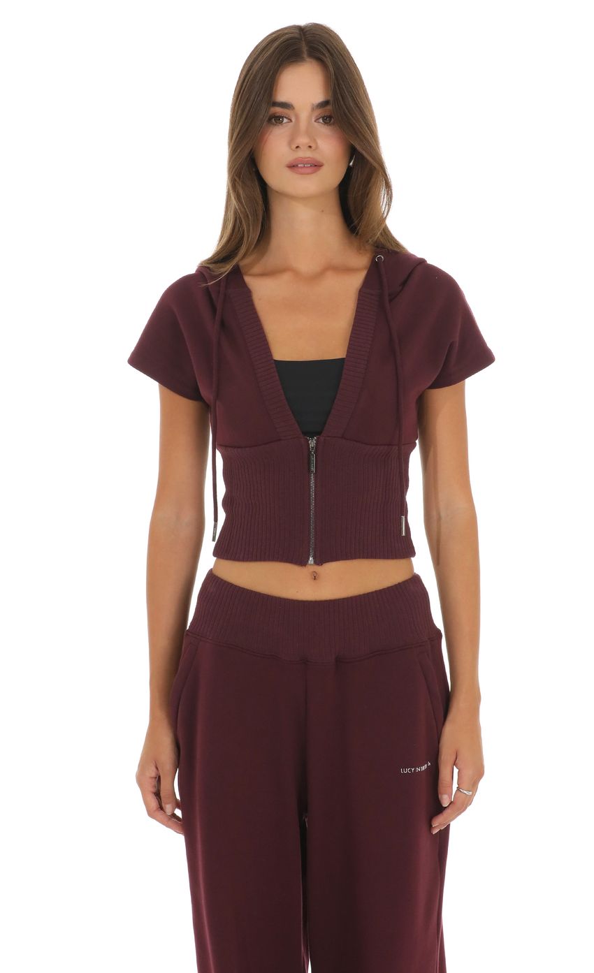 Product image for Hooded Zip-Up Top in Burgundy