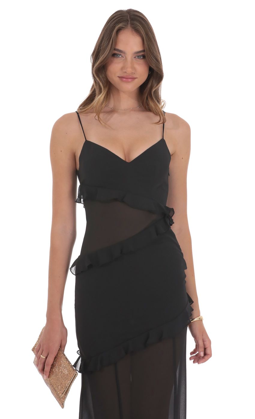 Picture Chiffon Ruffle Cutout Maxi Dress in Black. Source: https://media-img.lucyinthesky.com/data/product-media/850xAUTO/fb1bca13-4e85-437b-a412-dc497b2a6c7d.jpg