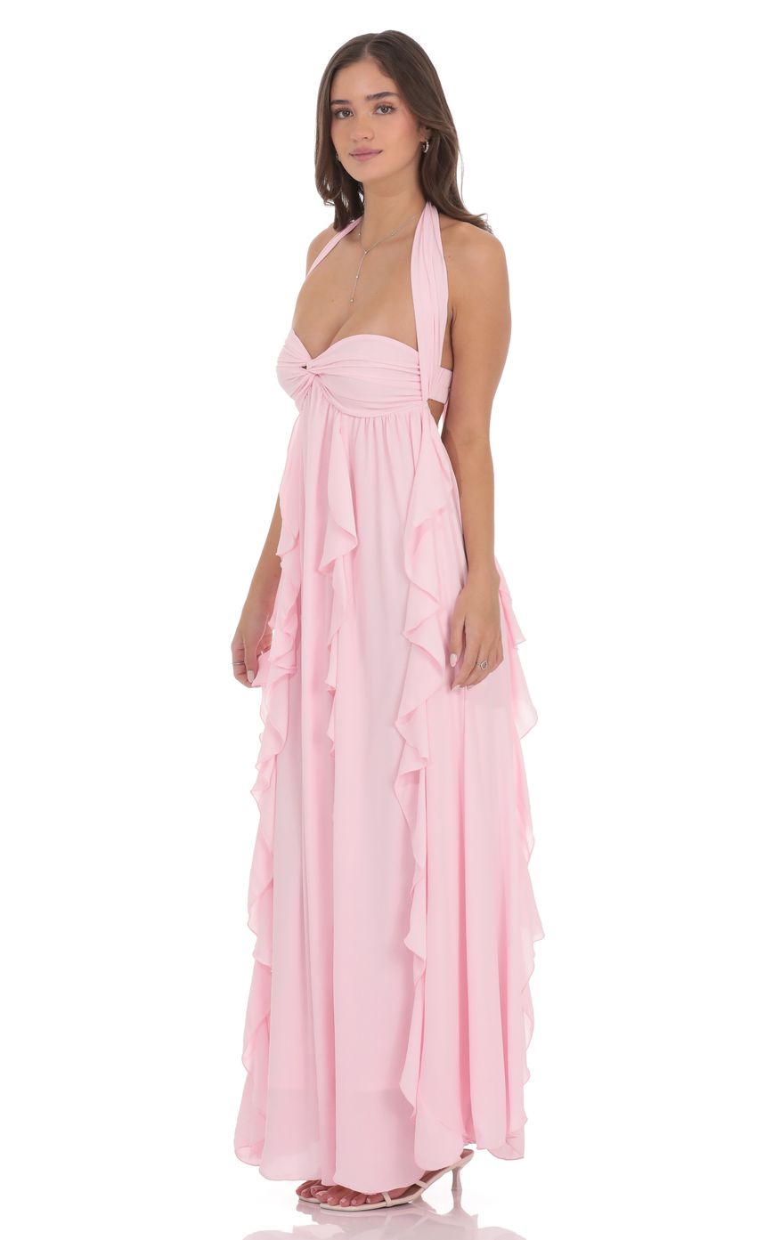 Product image for Halter Ruffle Babydoll Maxi Dress in Pink