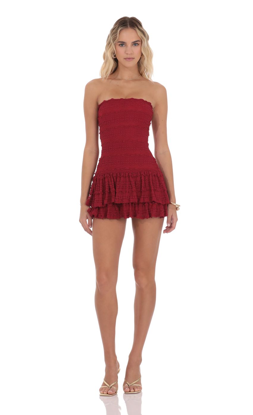 Product image for Strapless Lace Ruffle Dress in Red