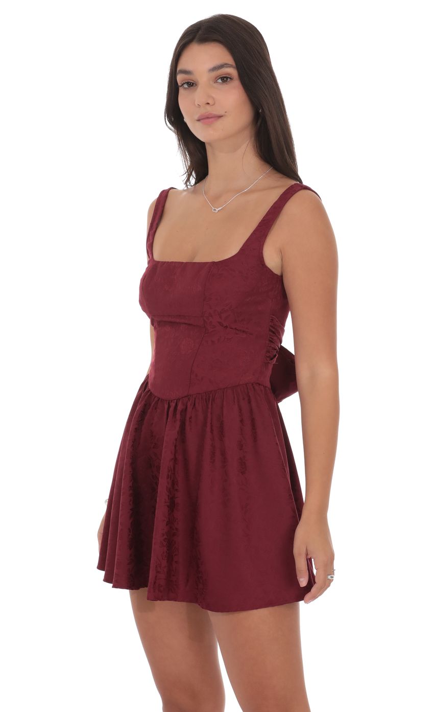 Product image for Floral Jacquard Open Back Bow Dress in Burgundy