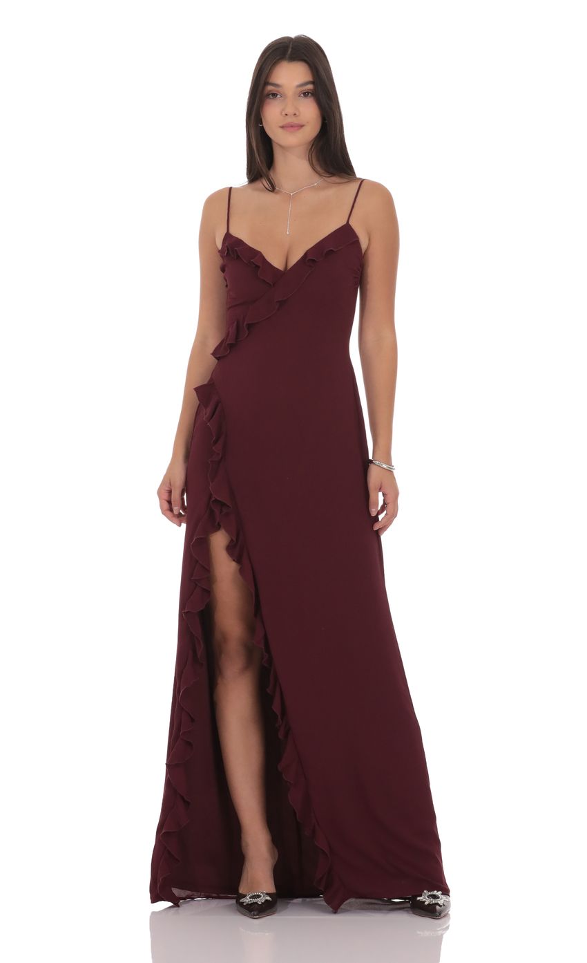 Product image for Ruffle V-Neck Maxi Dress in Burgundy