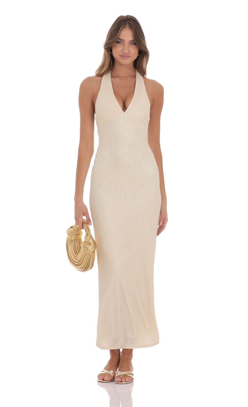 Picture Crinkle Shimmer V-Neck Maxi Dress in Champagne. Source: https://media-img.lucyinthesky.com/data/product-media/850xAUTO/ff34e9a4-fc69-4973-bd1f-738f5cad5ef7.jpg