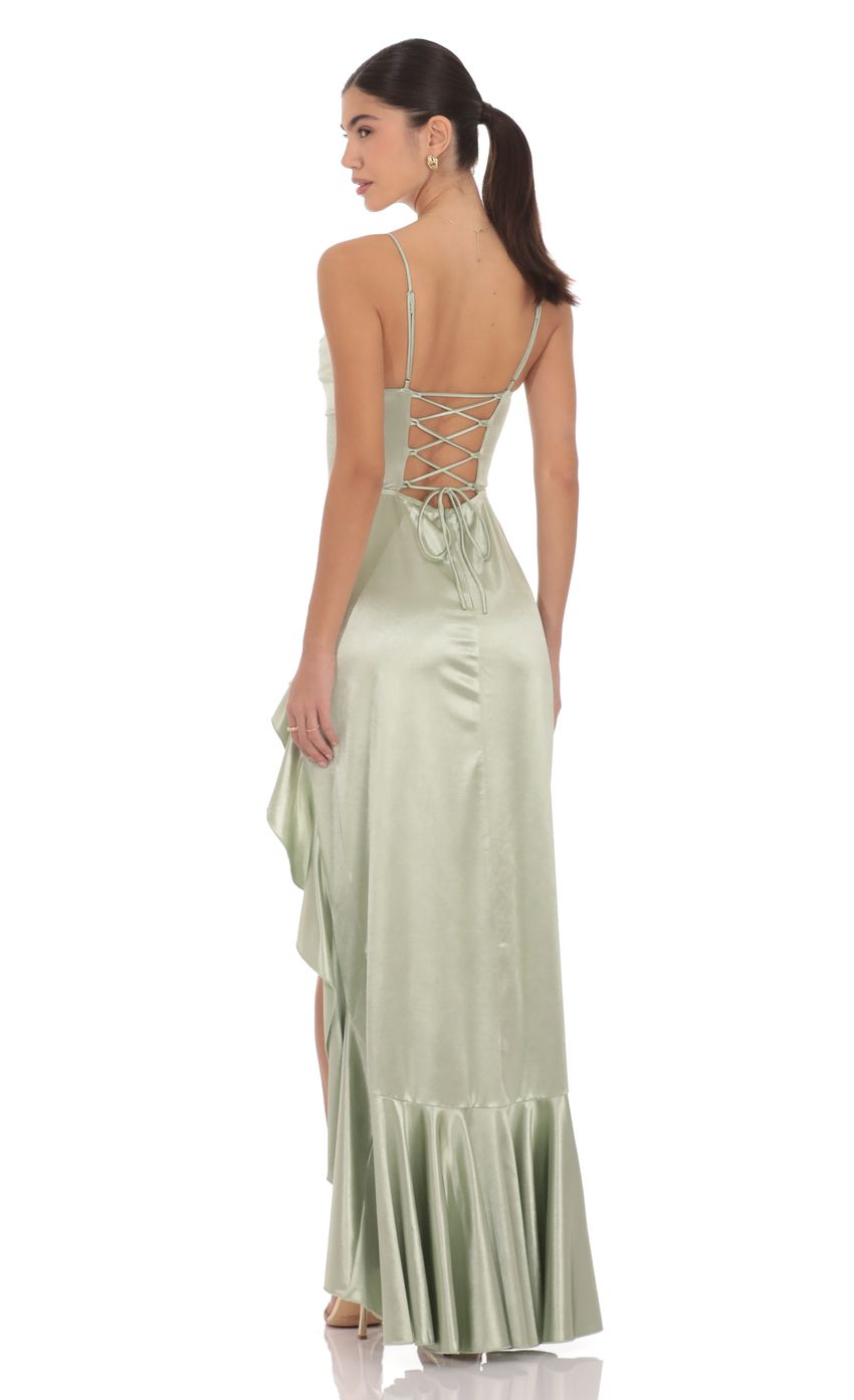 Product image for Satin Ruffle Maxi Dress in Sage
