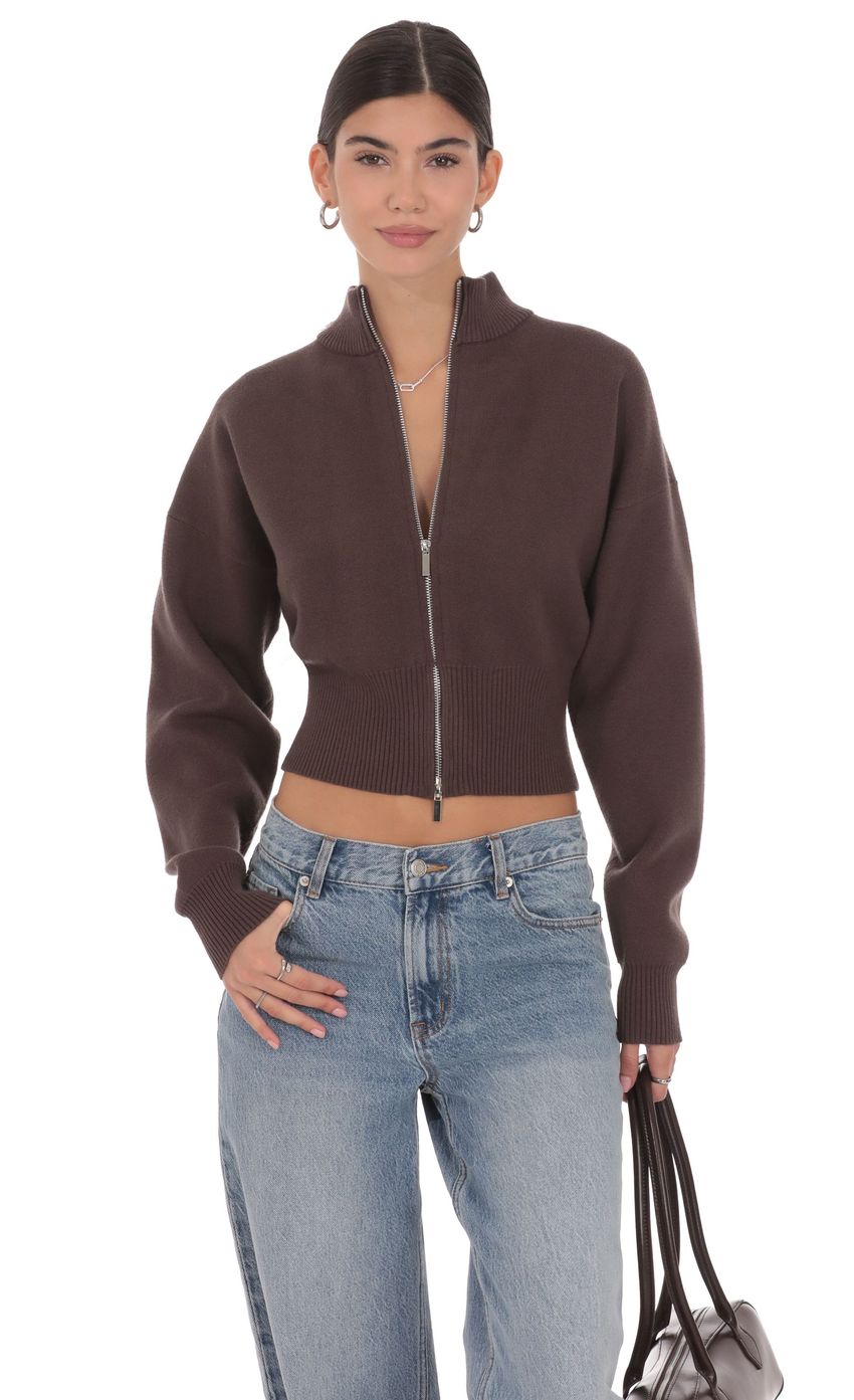 Изображение товара для Джемпер с молнией и воротником-стойкой коричневый
