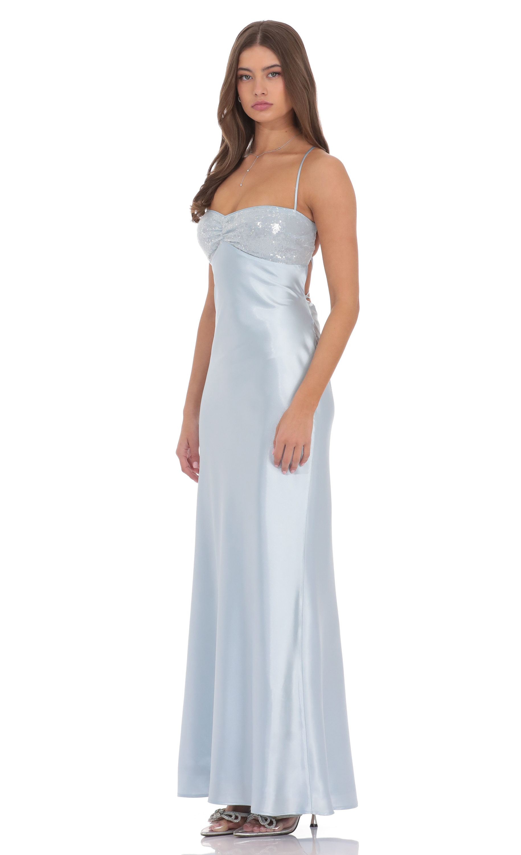 light blue sparkly maxi dress One Shoulder Sequin Maxi Dress In Baby Blue