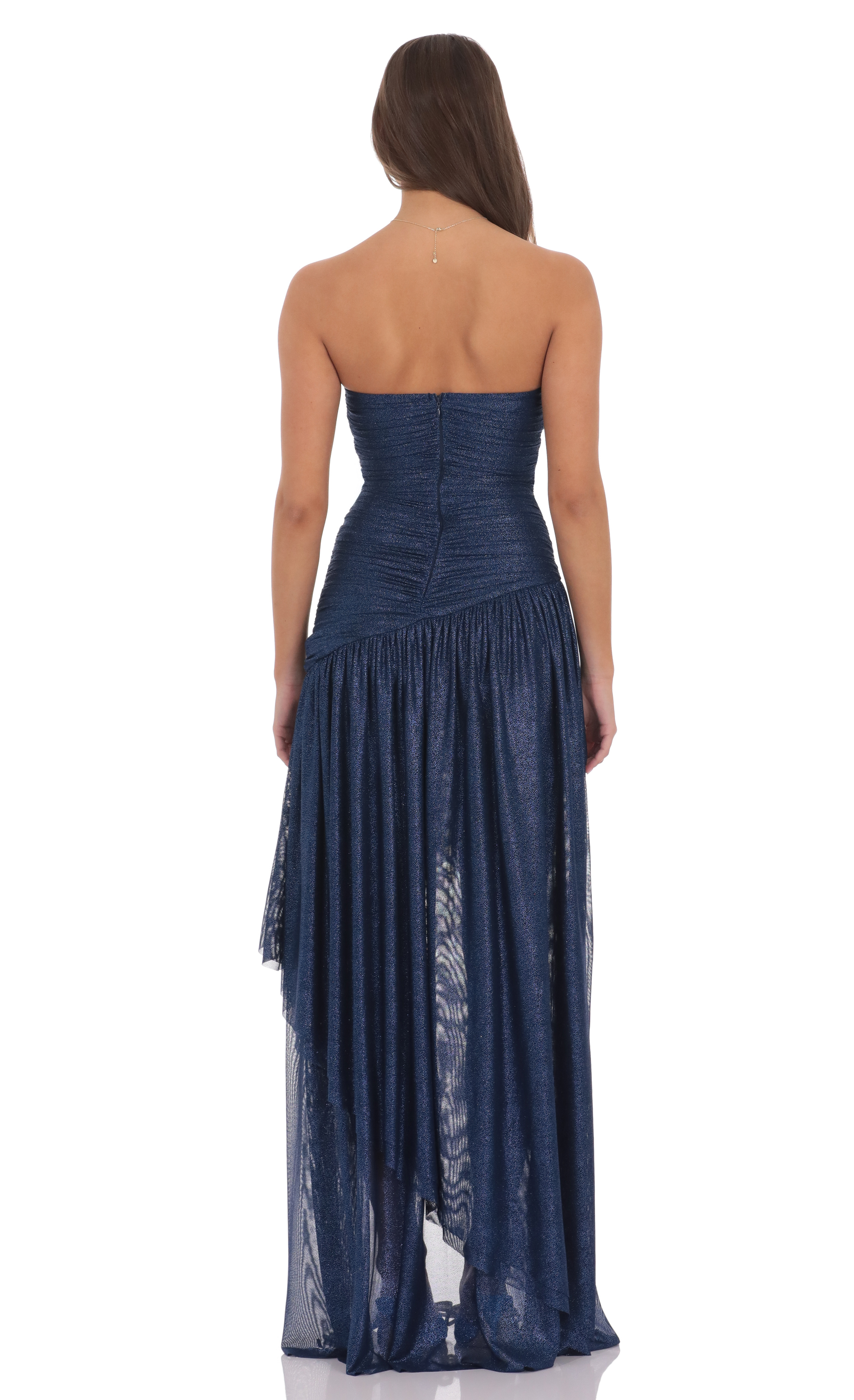 Foil Mesh Asymmetrical High Low Maxi Dress in Navy | LUCY IN THE SKY