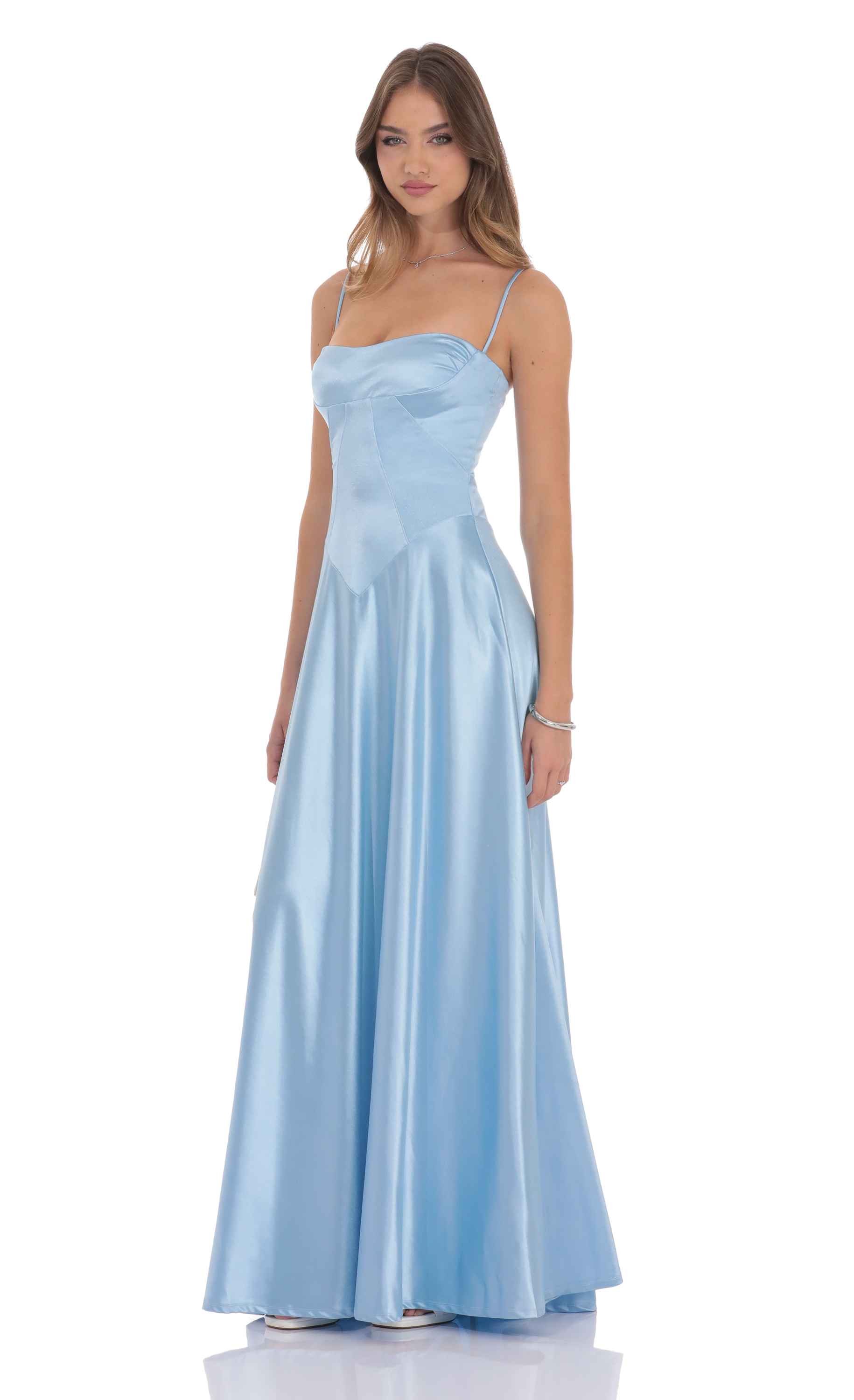 blue sparkly dress hoco BABARONI Stretch Satin Sky Blue Prom Dresses Sheath/Column Sleeveless  Appliqued Lace With Slit