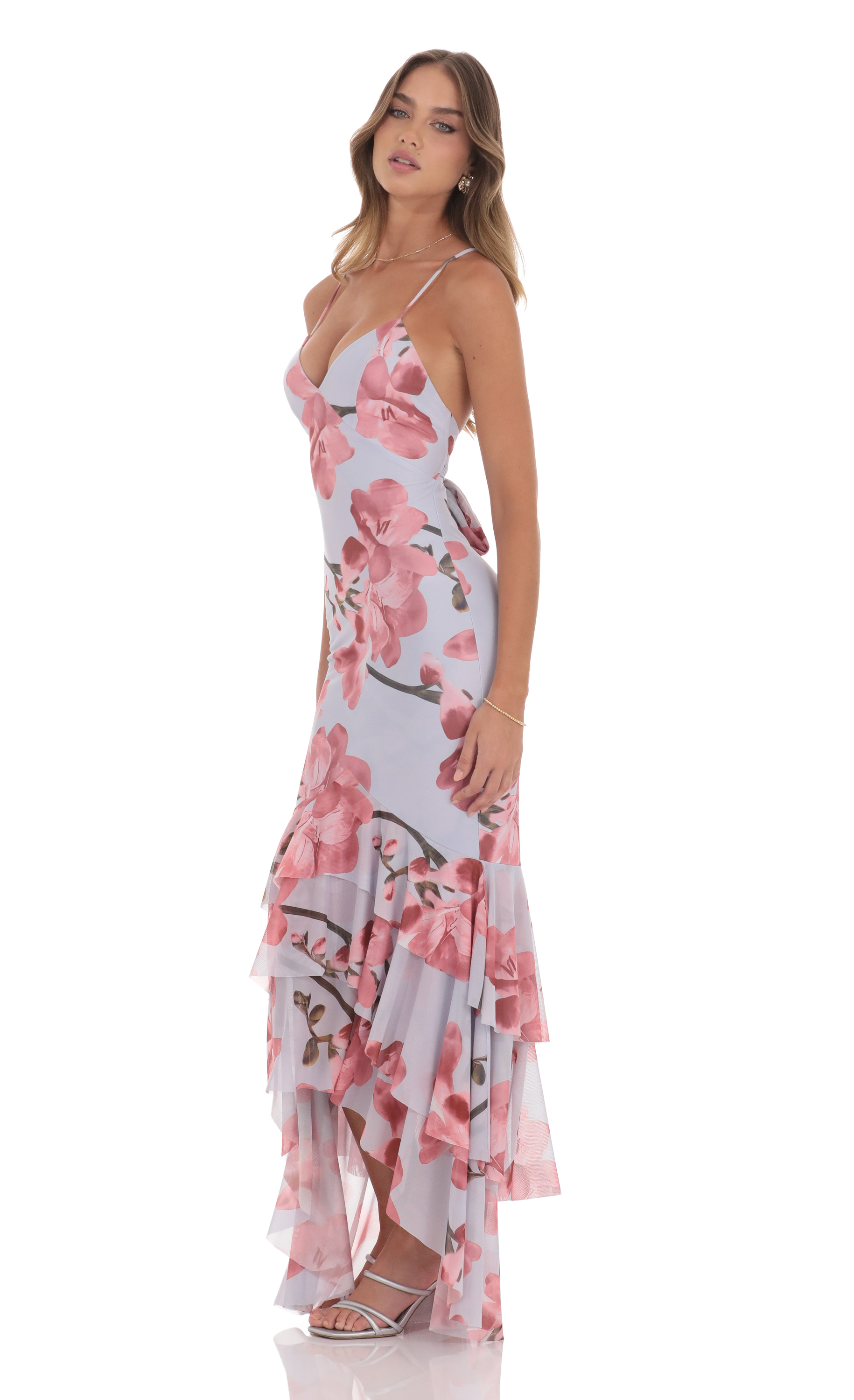 Mesh Floral Ruffle Fishtail Maxi Dress in Blue
