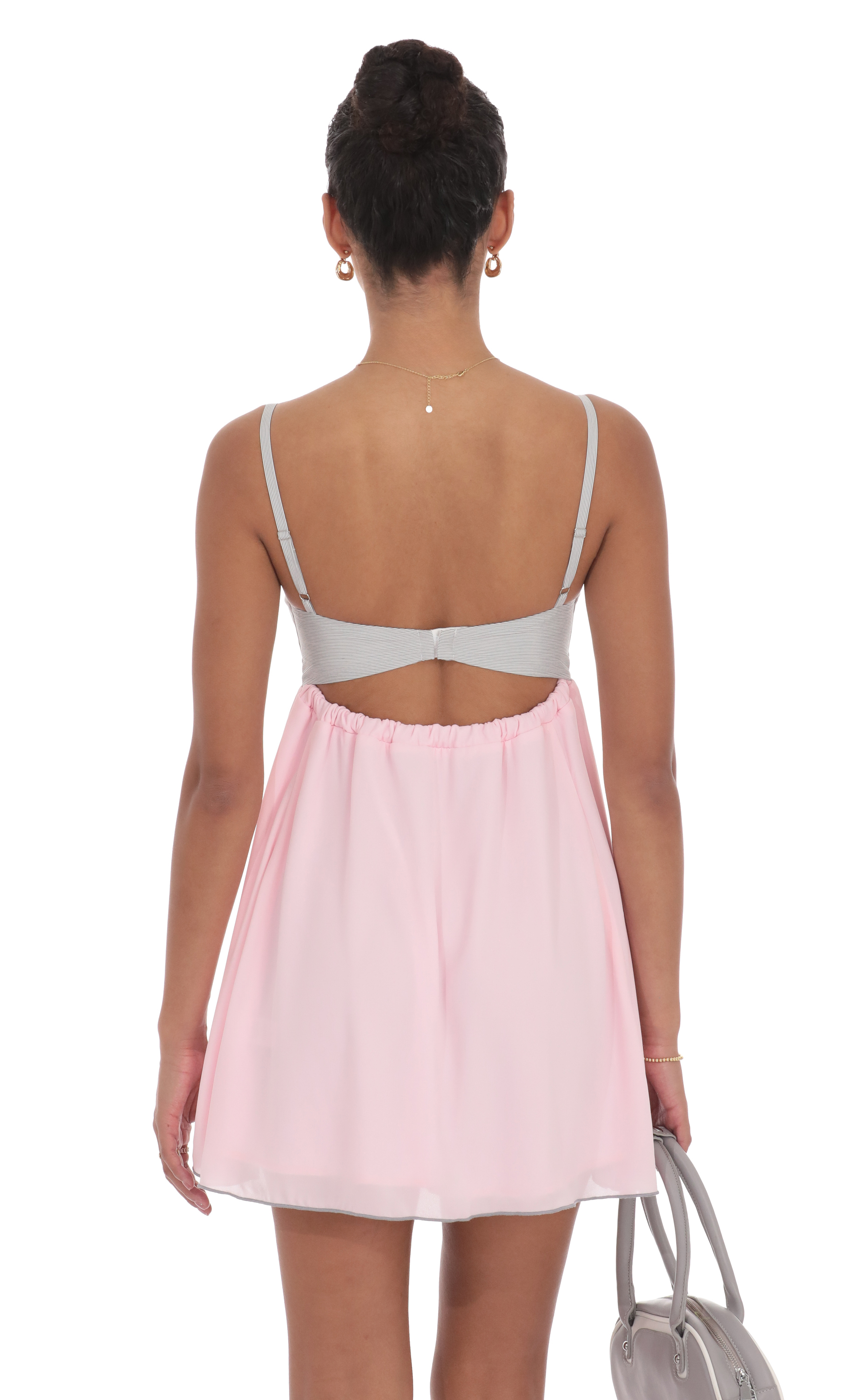 pink dress 2 day shipping Pink Two Tone Abstract Printed Collared Tiered Long Sleeve Dress