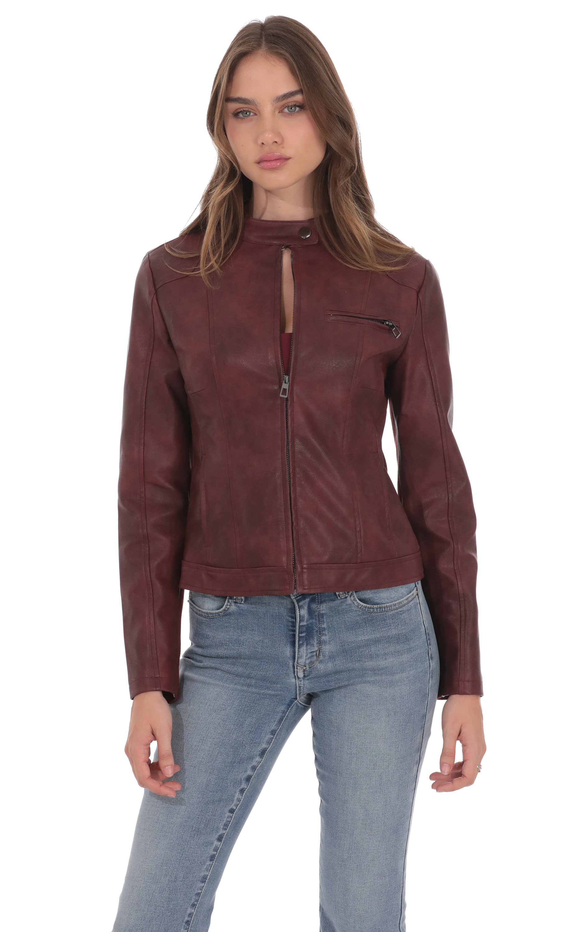 Faux Leather Biker Jacket in Burgundy