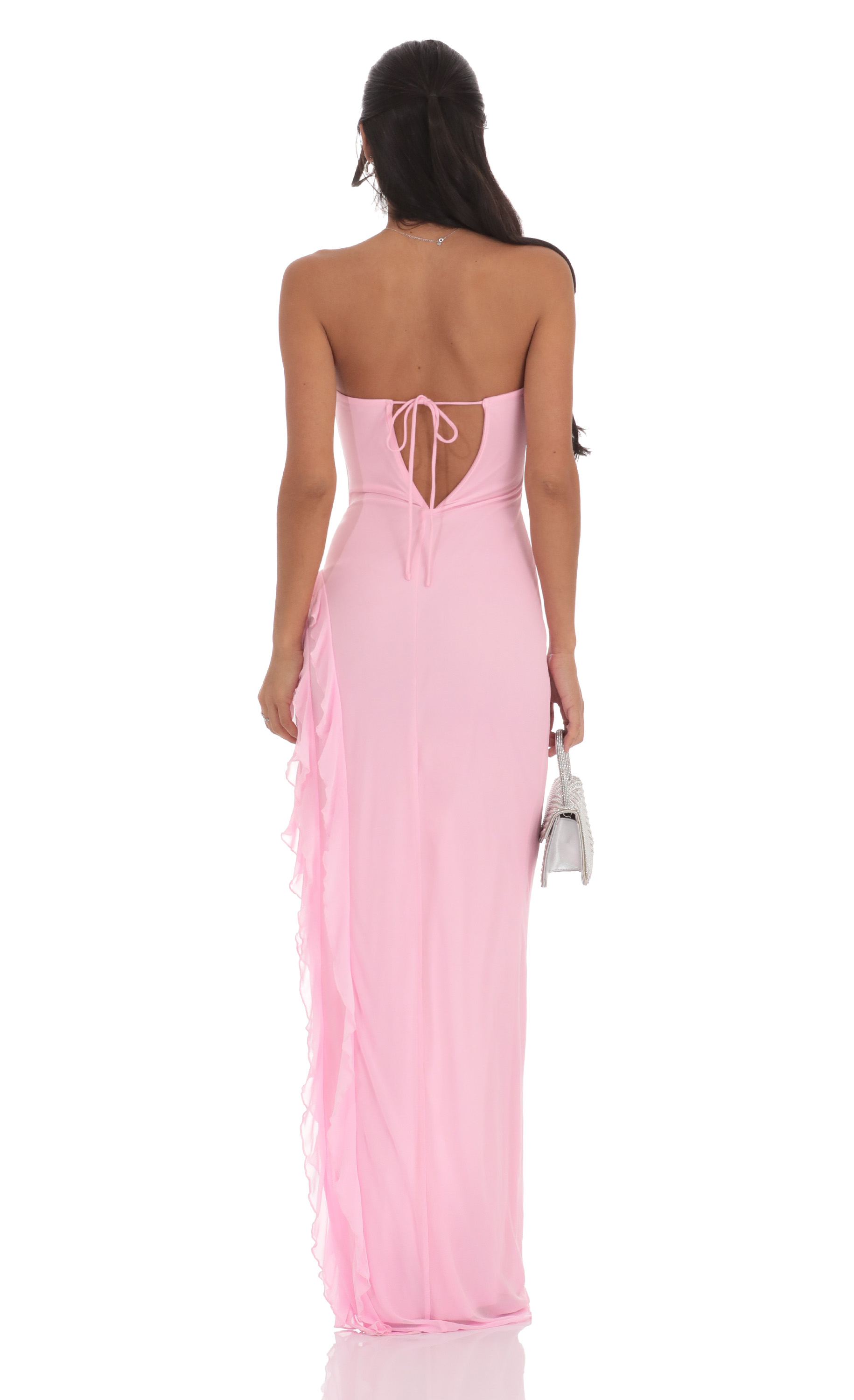 Mesh Strapless Triple Ruffle Maxi Dress in Pink | LUCY IN THE SKY