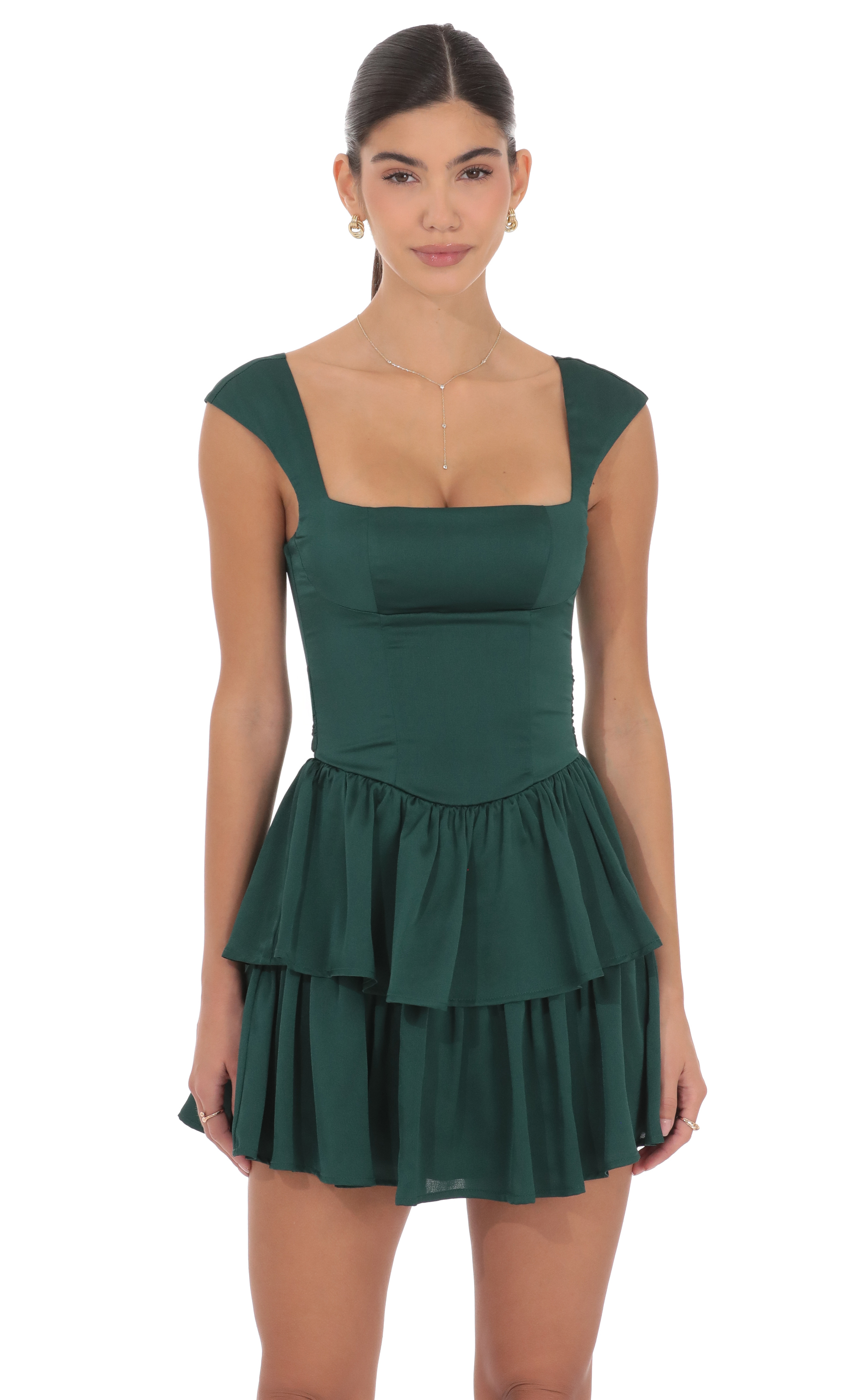 Satin Wide Strap Ruffle Dress in Green