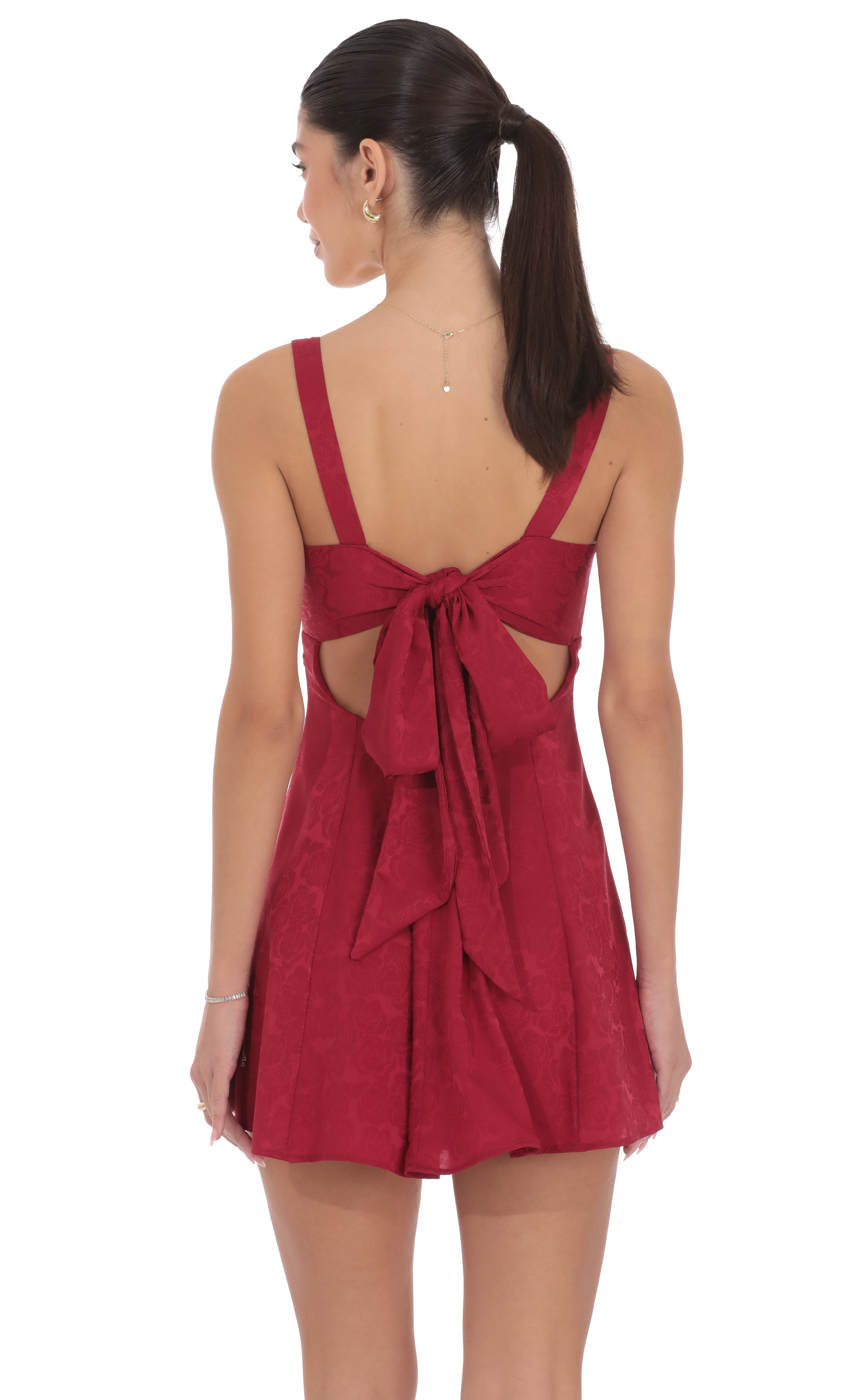 Floral Jacquard Bow Tie Dress in Maroon