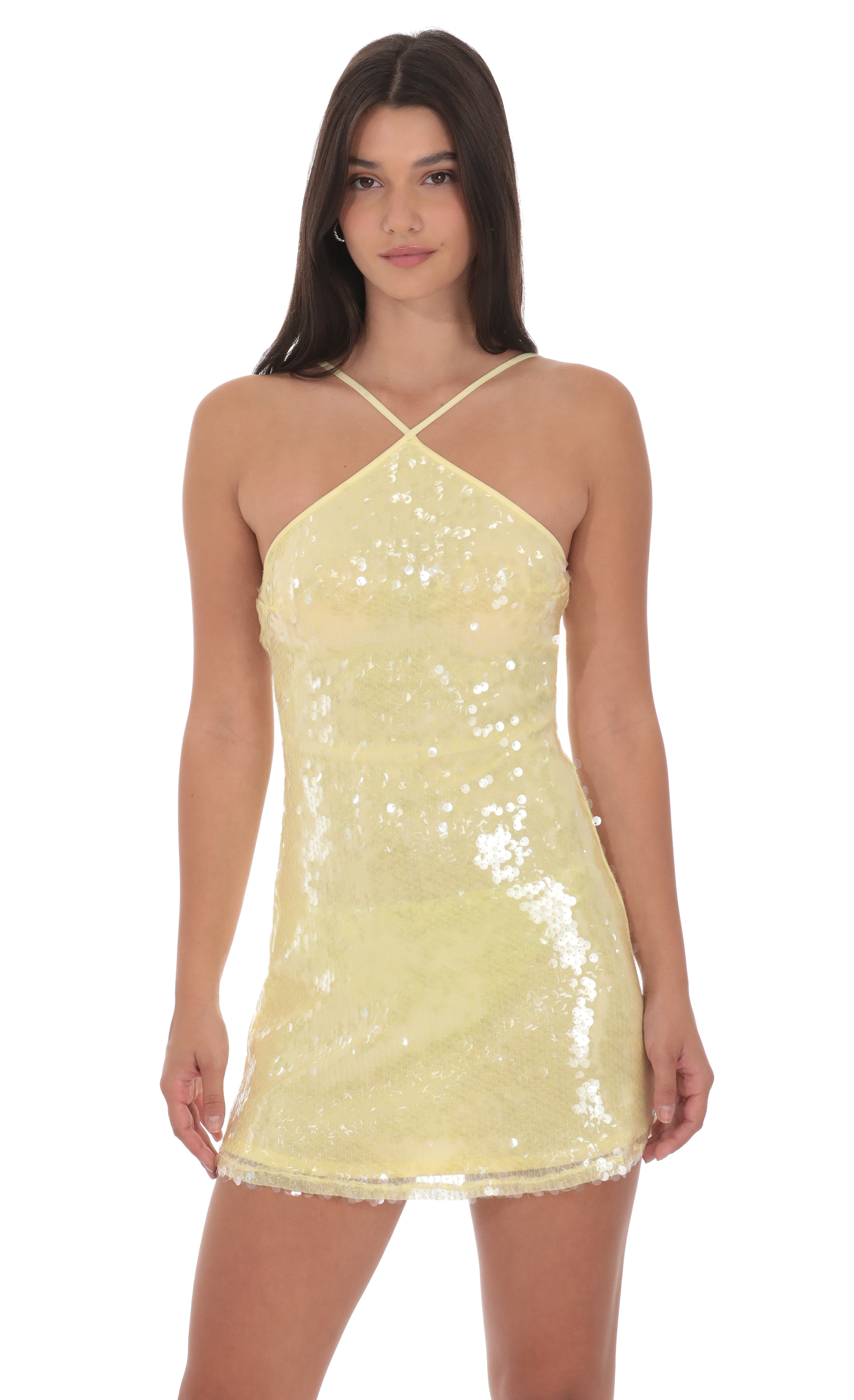Sequin Halter Dress in Yellow