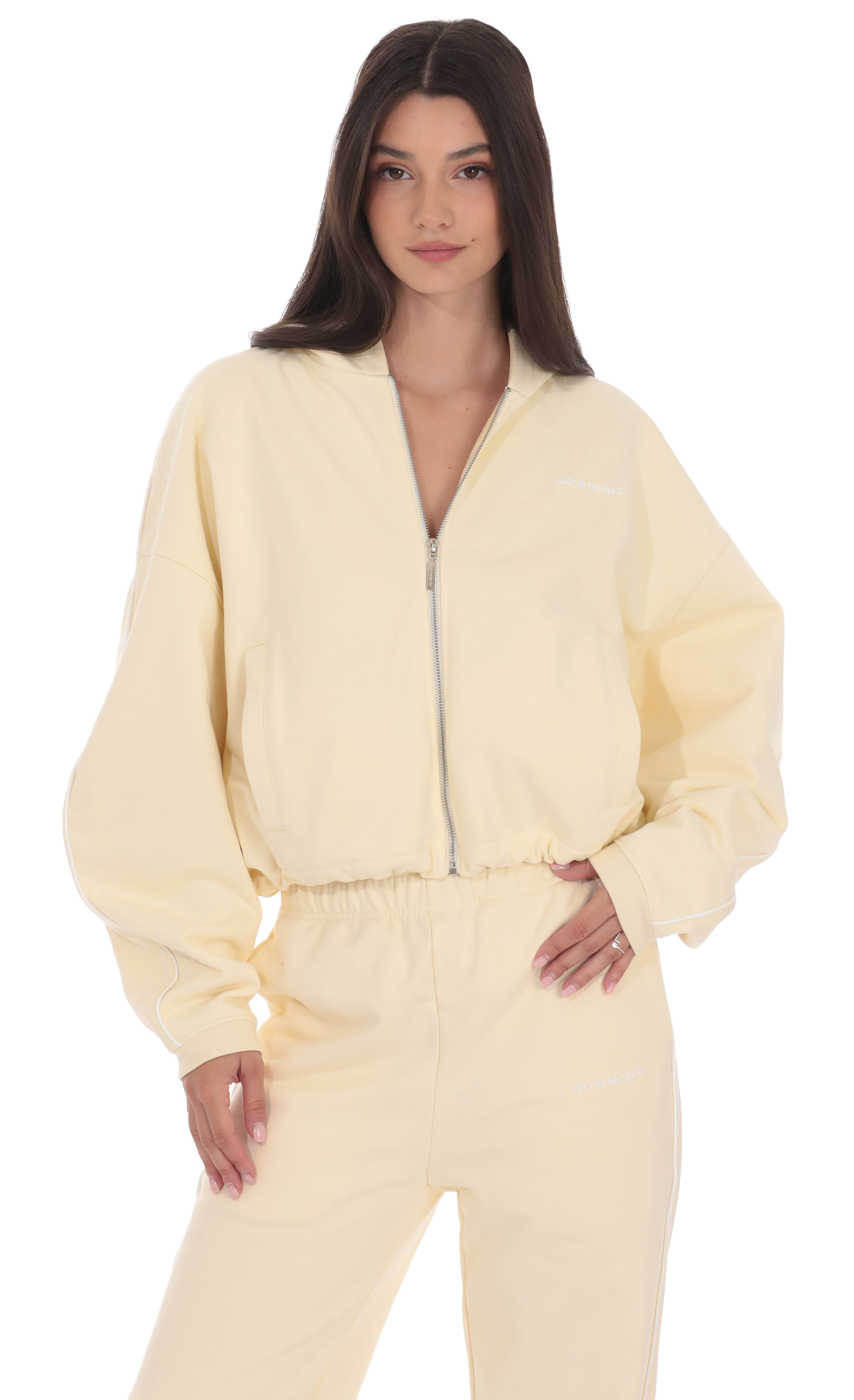 Cropped Cinch Waist Hoodie in Cream