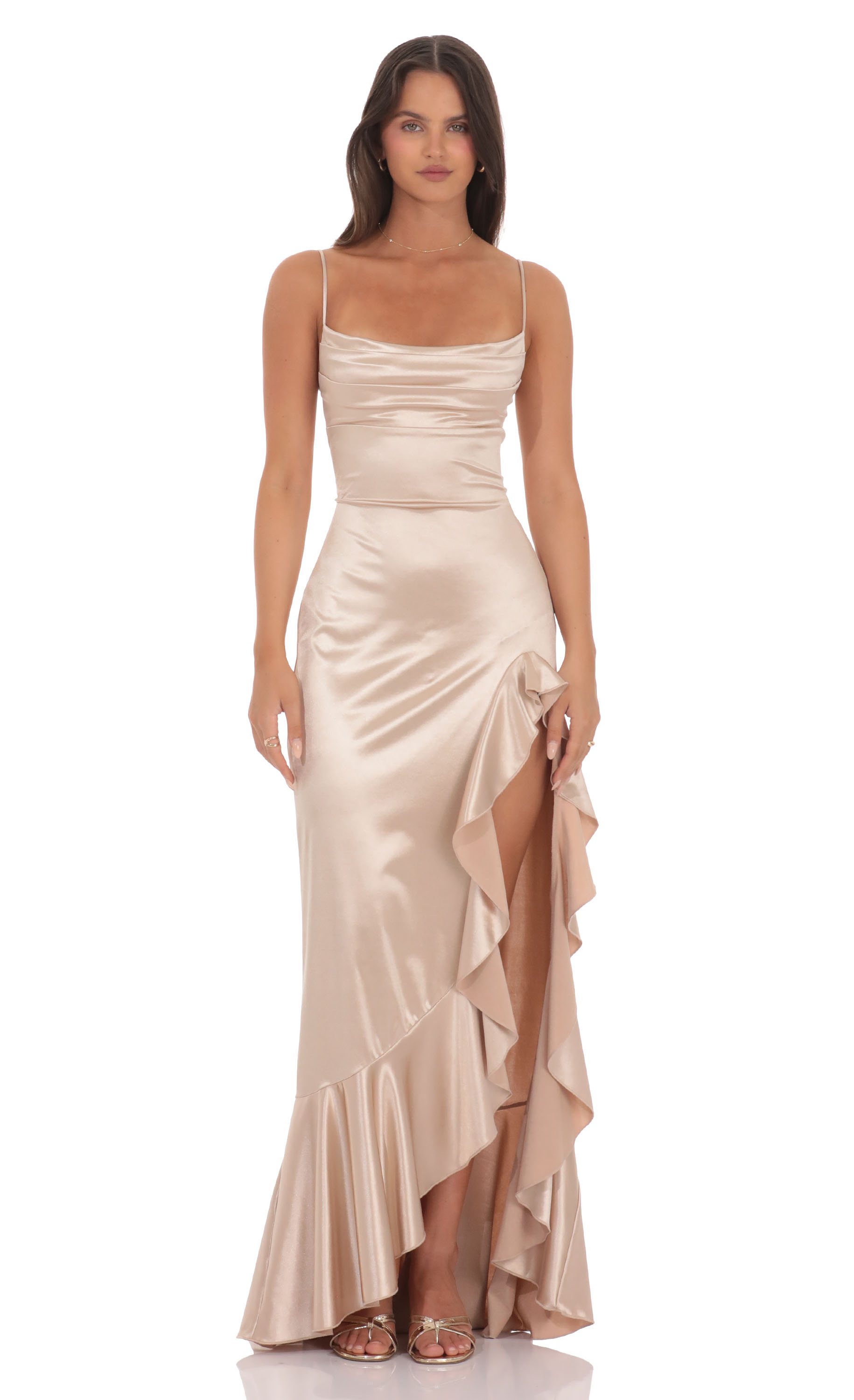 Satin Ruffle Maxi Dress in Champagne | LUCY IN THE SKY