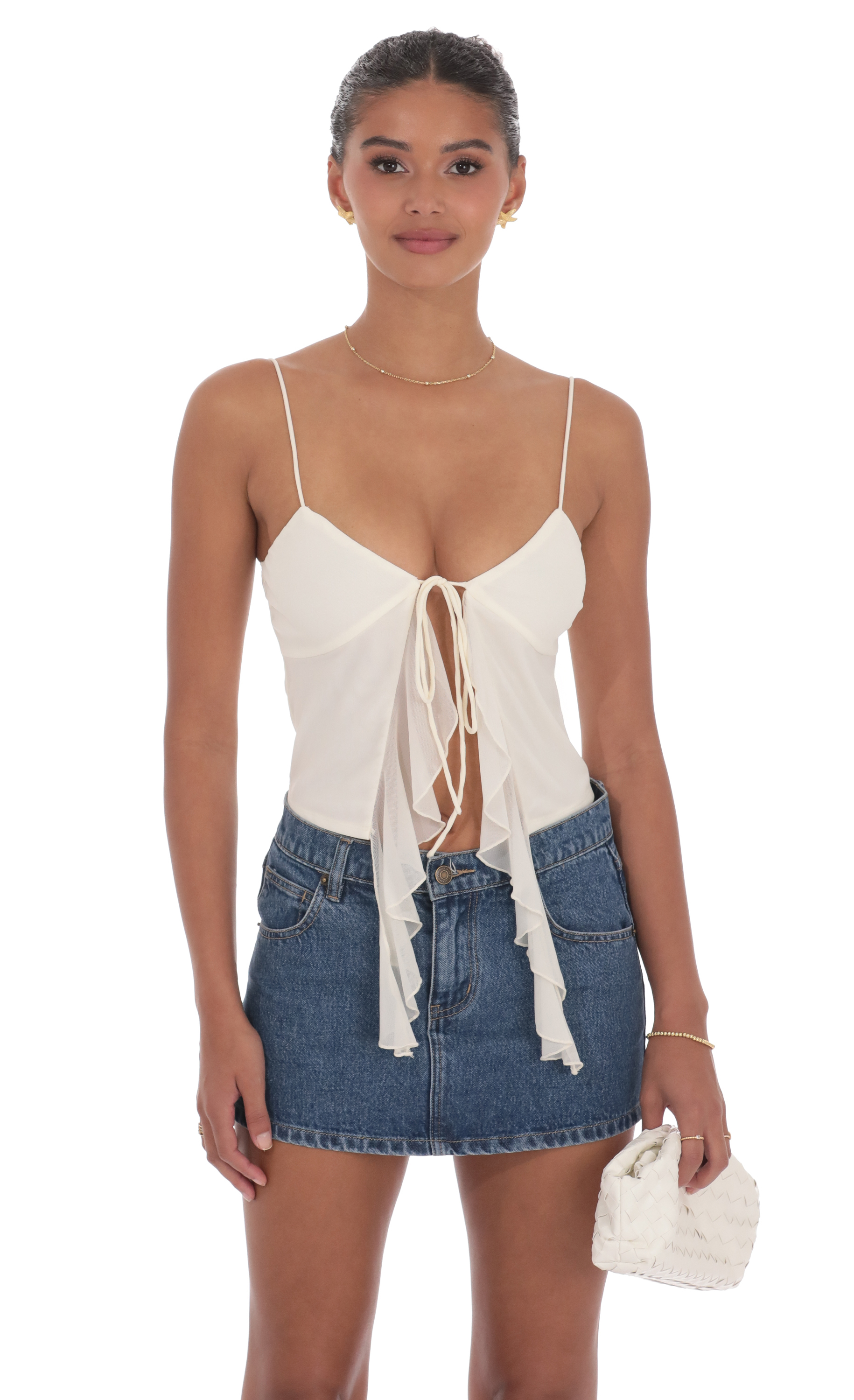 Mesh Front Tassel Top in Ivory
